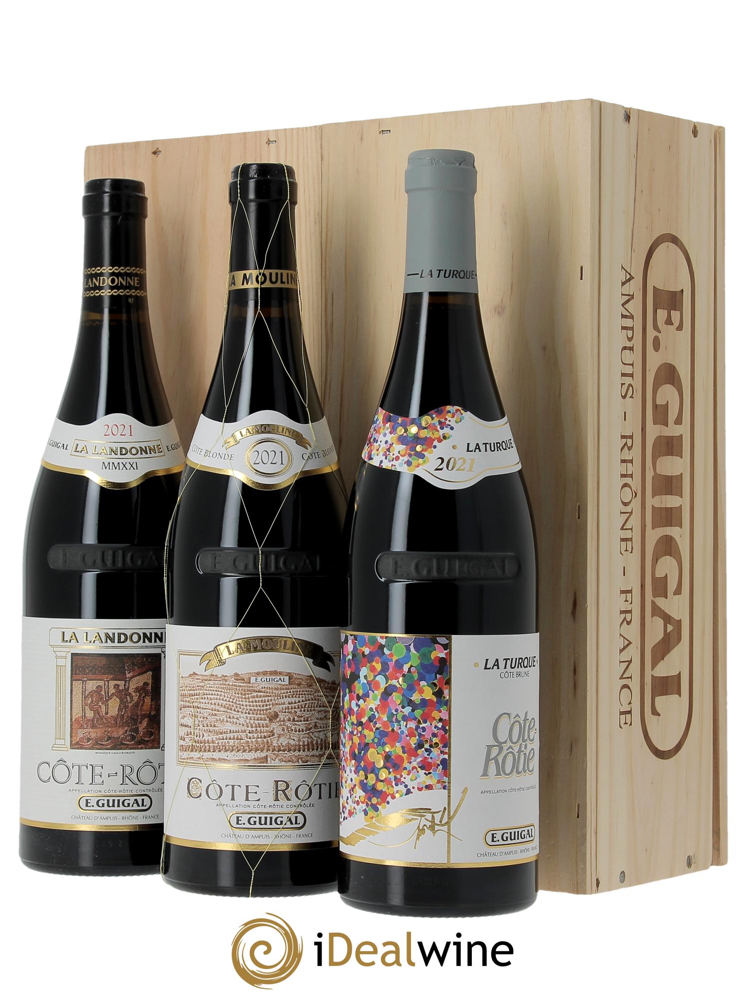 Côte-Rôtie Guigal Trilogie La Turque - La Landonne - La Mouline (Cassetta in legno a partire da 3 bt) 2021 - Lotto di 3 bottiglie - 0