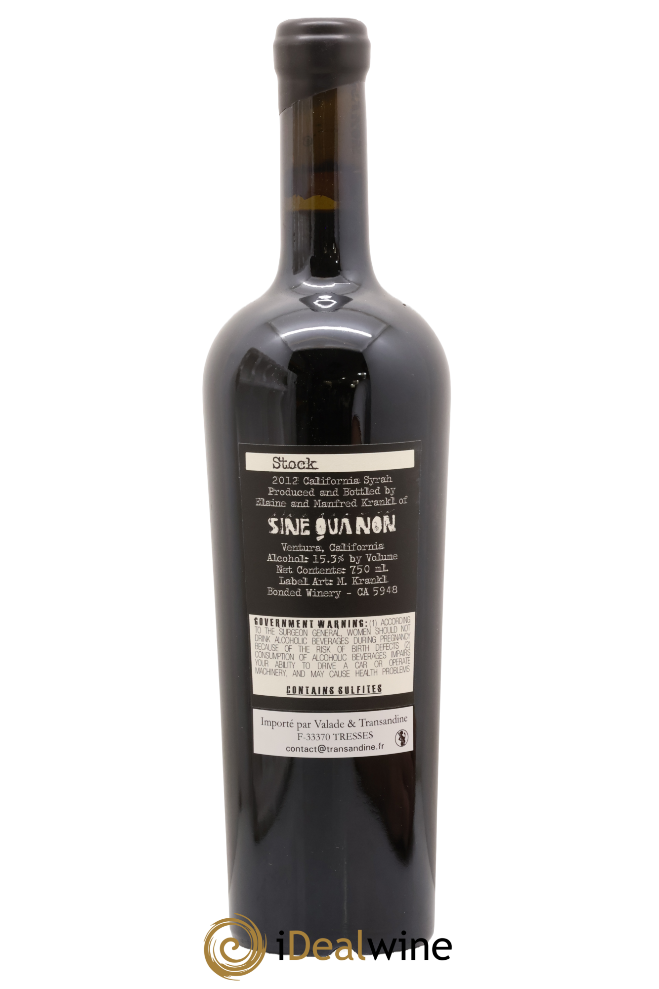 Californie USA Californie Stock Syrah Sine Qua Non 2012 - Lot de 1 bouteille - 1