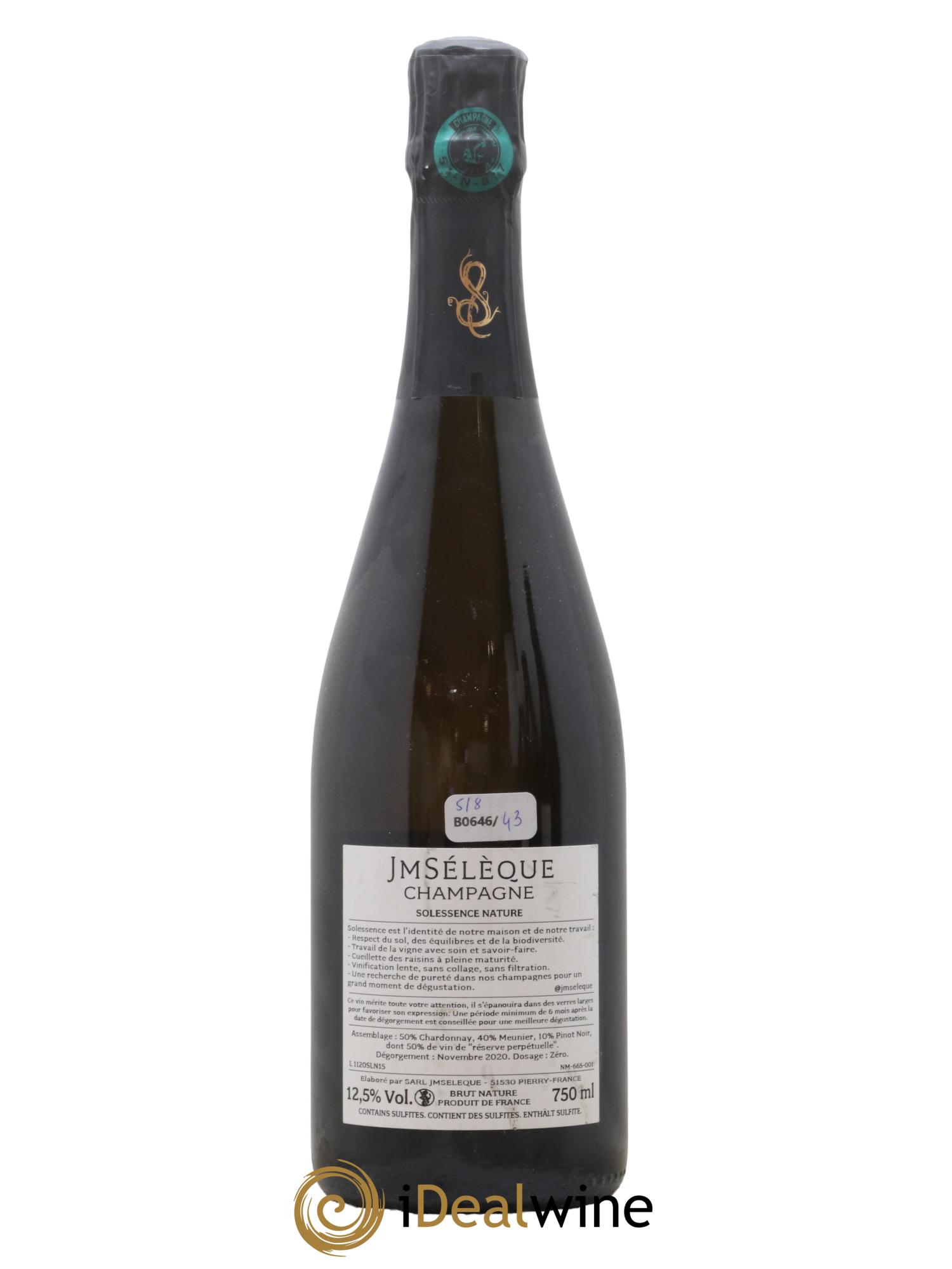 Champagne Brut Nature Solessence Nature Elevage Prolonge Jean Marc Seleque - Lot of 1 bottle - 1