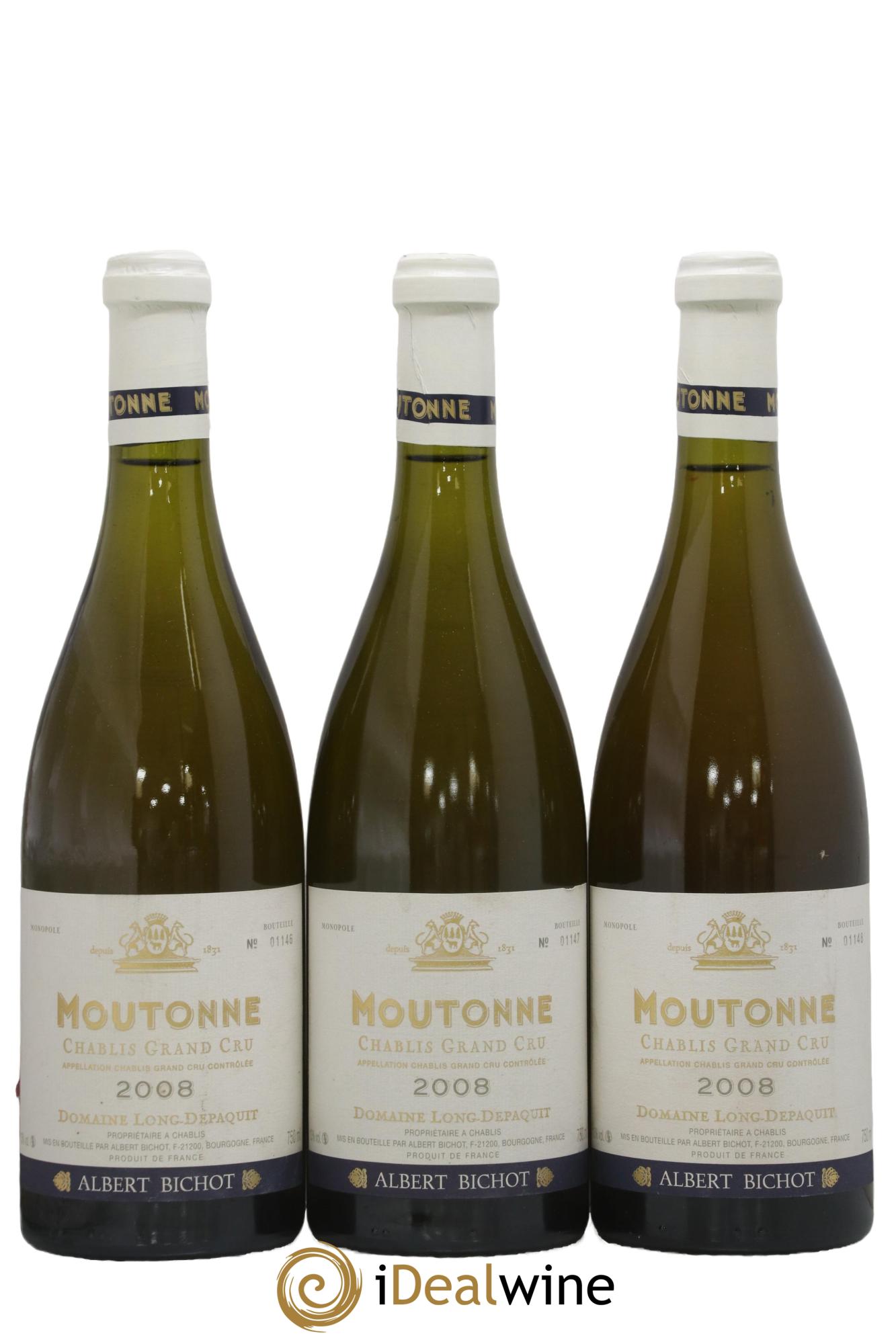 Chablis Grand Cru Moutonne Long Depaquit - Albert Bichot (Domaine) 2008 - Lot of 3 bottles - 0