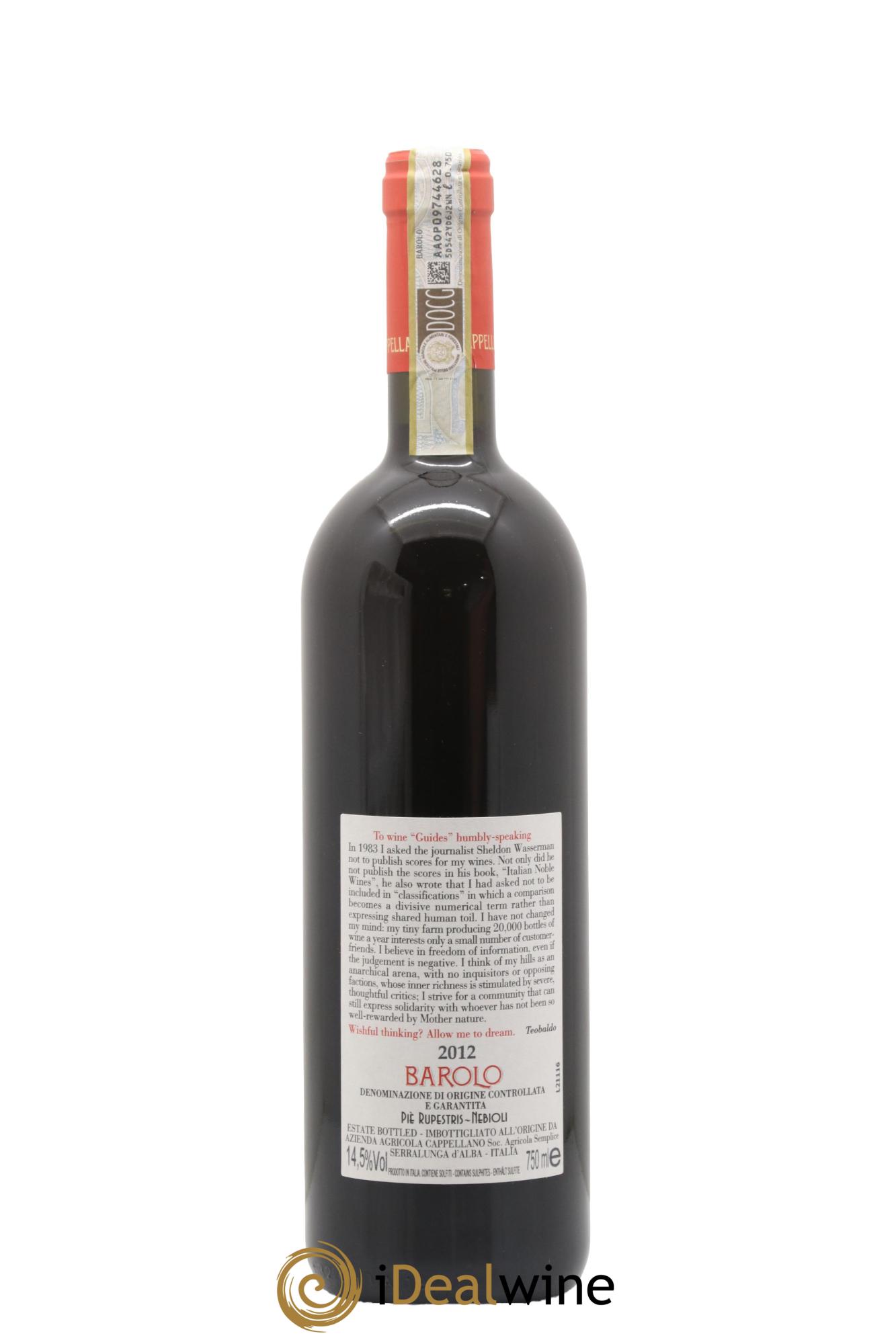 Barolo DOCG Pie Rupestris Cappellano 2012 - Lot de 1 bouteille - 1