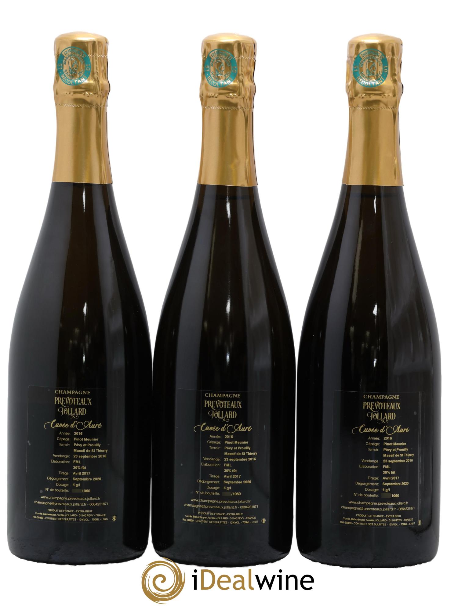 Champagne Cuvée d'Aure Prévoteaux Jollard 2016 - Lot of 3 bottles - 1
