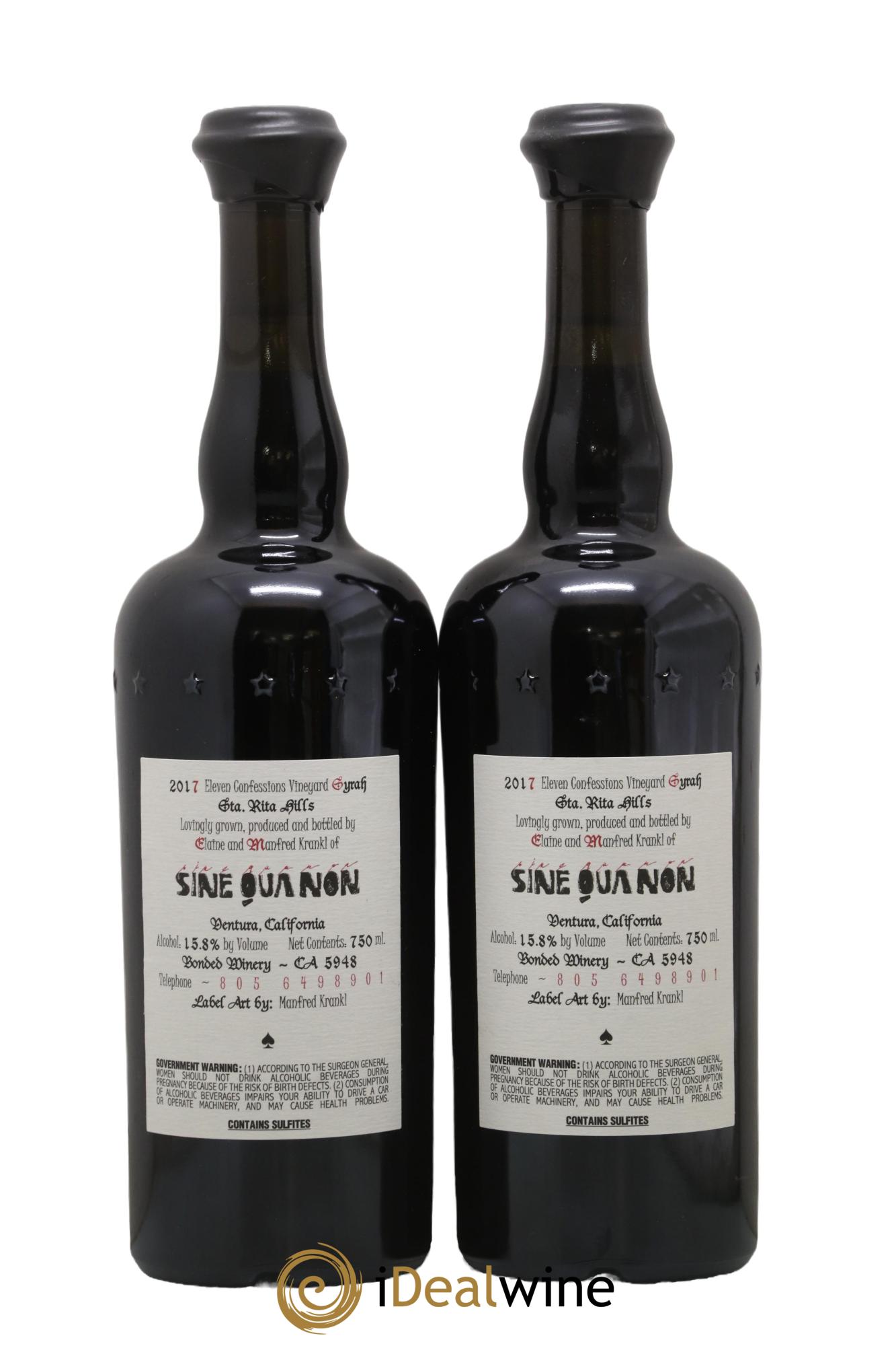 USA Santa Rita Hills Sine Qua Non Eleven Confession Syrah Manfred Krankl 2017 - Lot de 2 bouteilles - 1