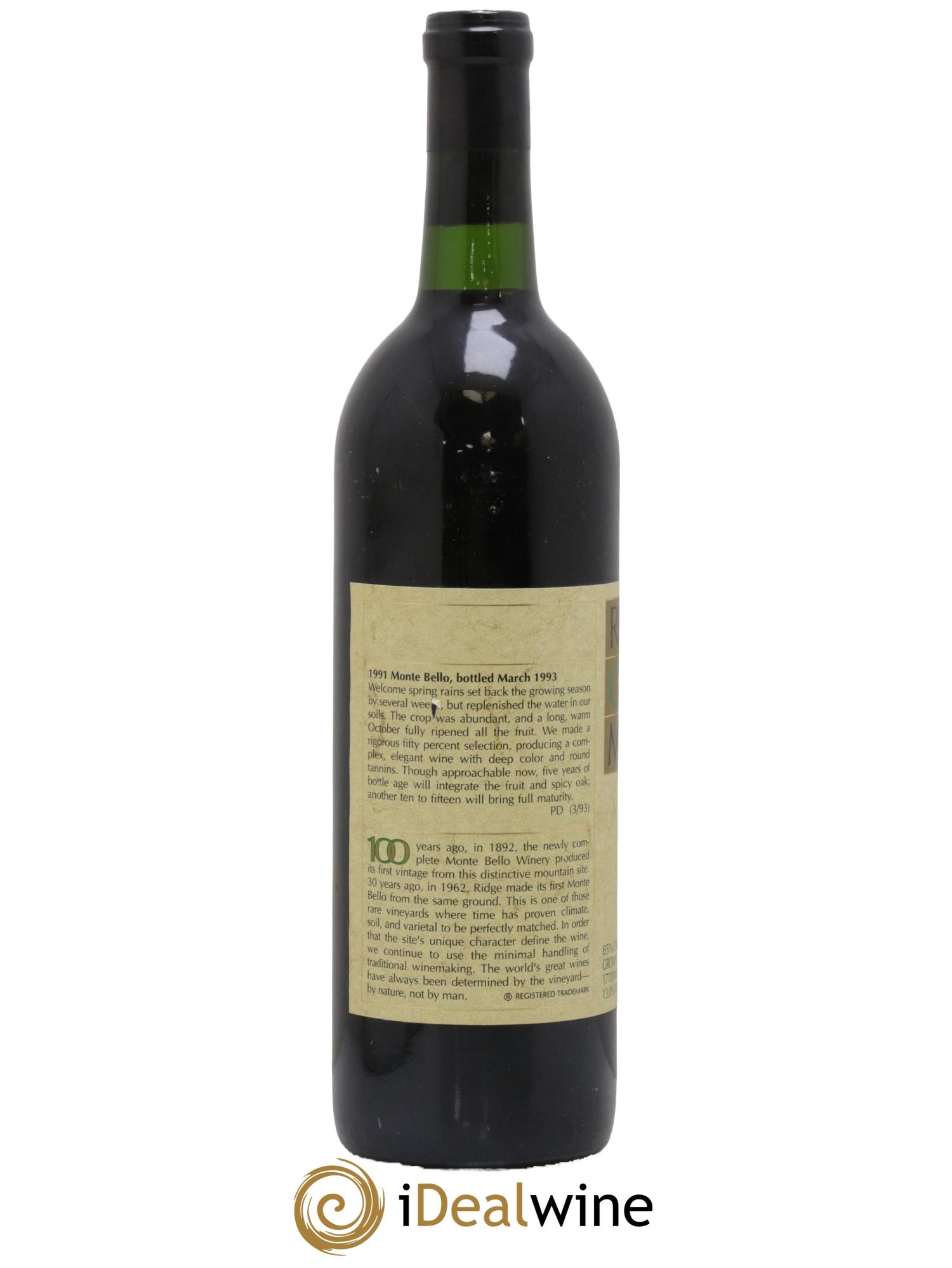 Santa Cruz Mountains Monte Bello Ridge Vineyards 1991 - Lot de 1 bouteille - 1