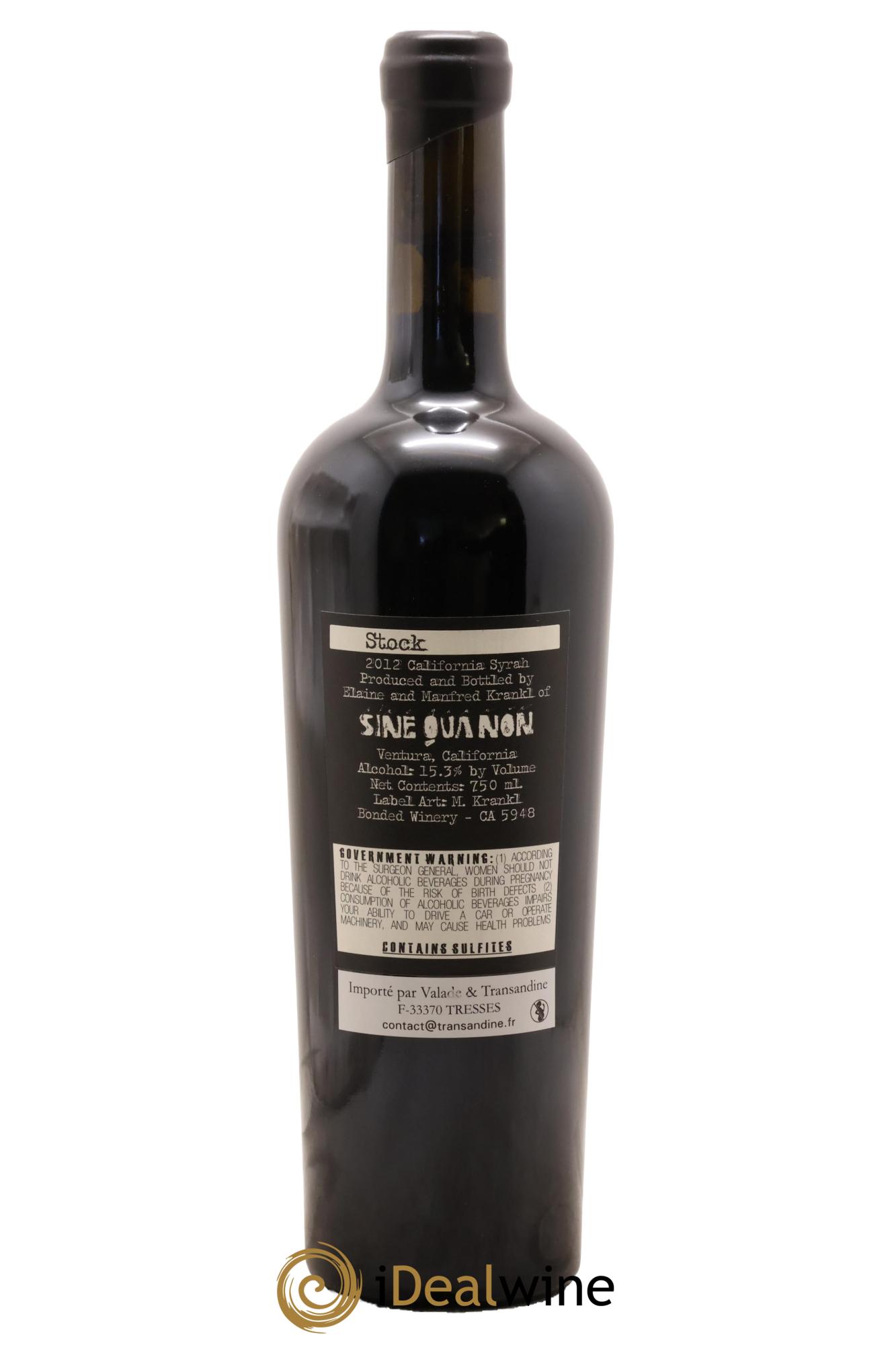 Californie USA Californie Stock Syrah Sine Qua Non 2012 - Posten von 1 Flasche - 1