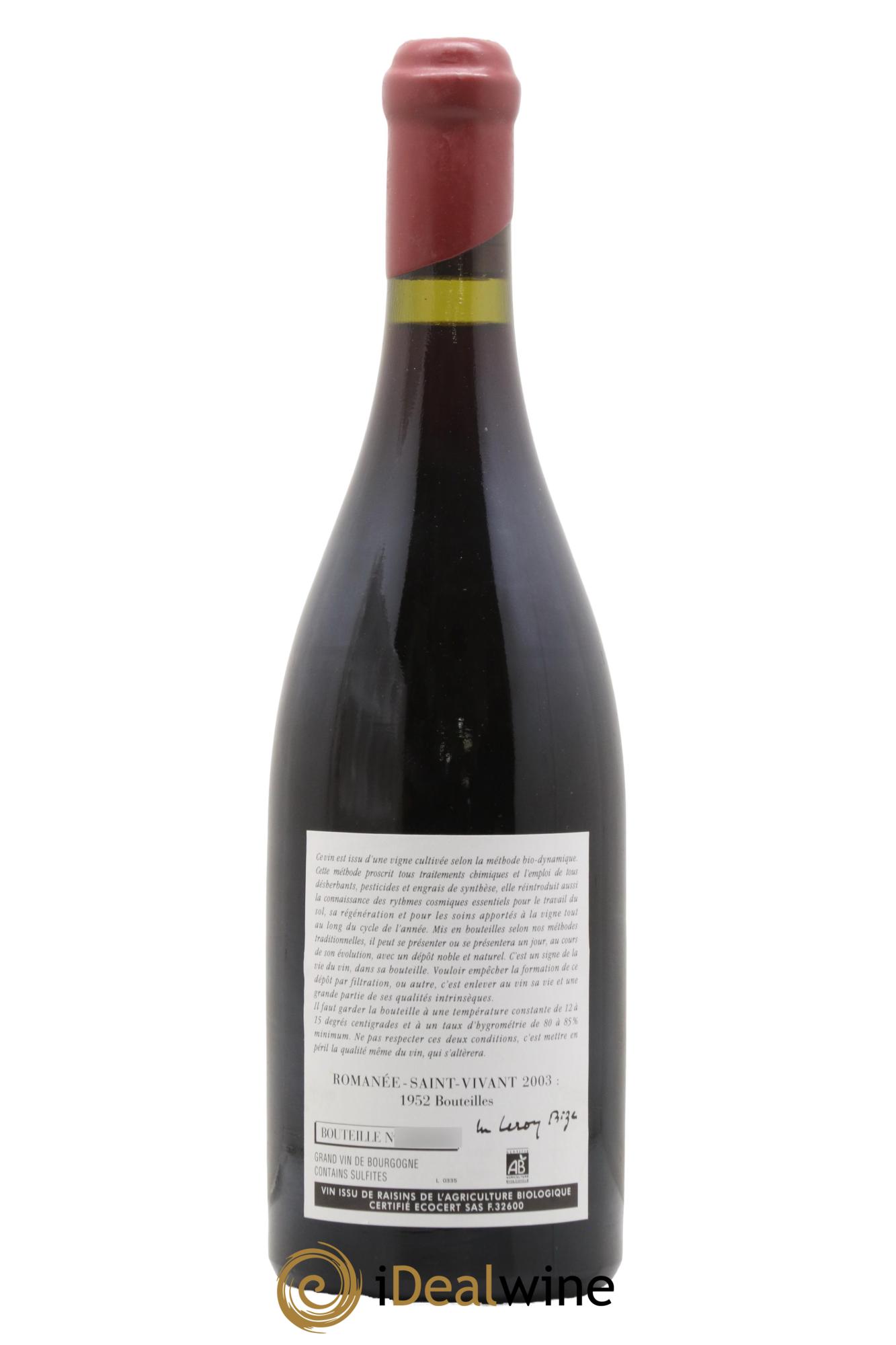 Romanée-Saint-Vivant Grand Cru Leroy (Domaine) 2003 - Lot of 1 bottle - 1