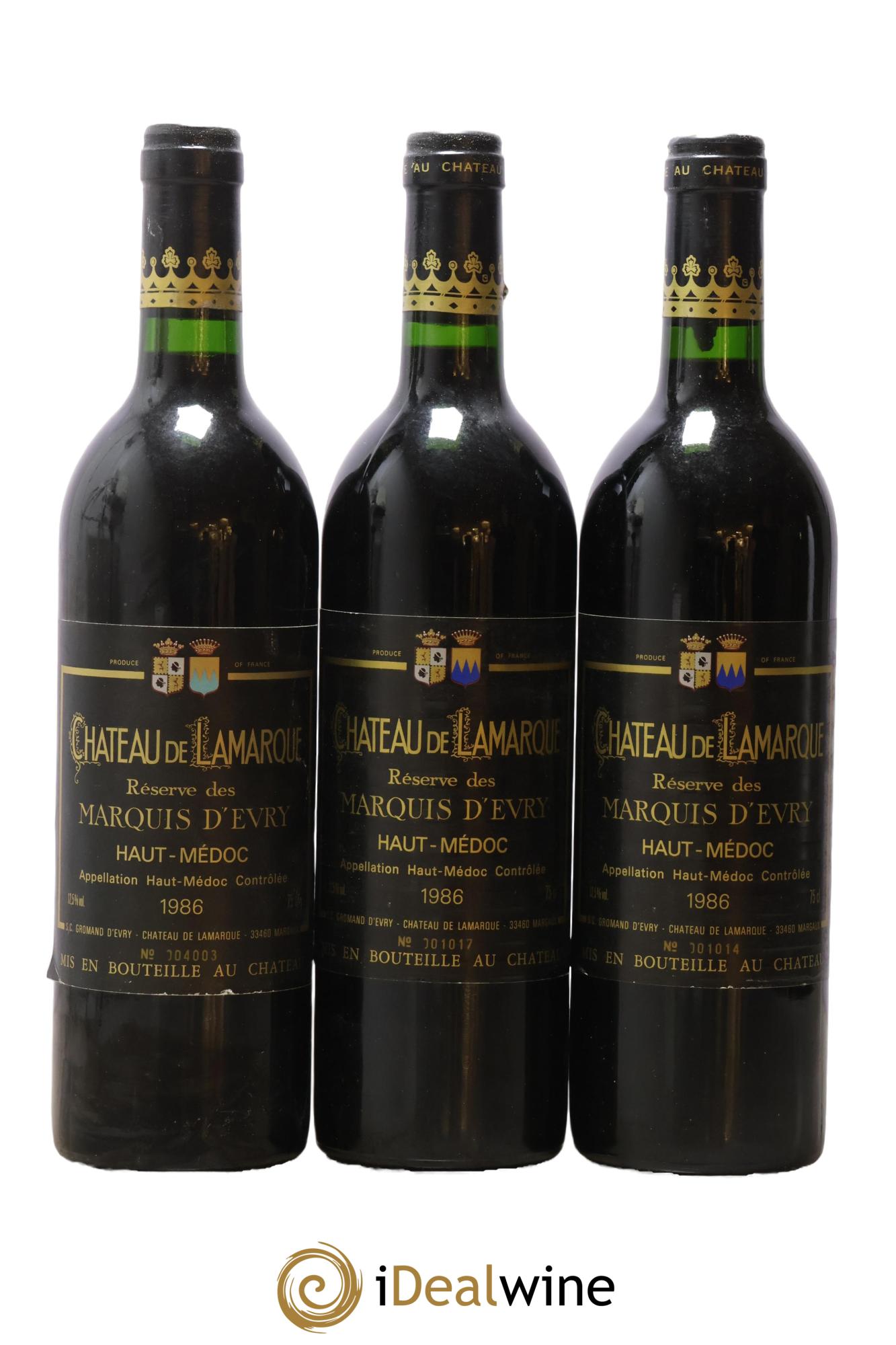 Château de Lamarque Cru Bourgeois Réserve des Marquis d'Evry 1986 - Posten von 3 Flaschen - 0