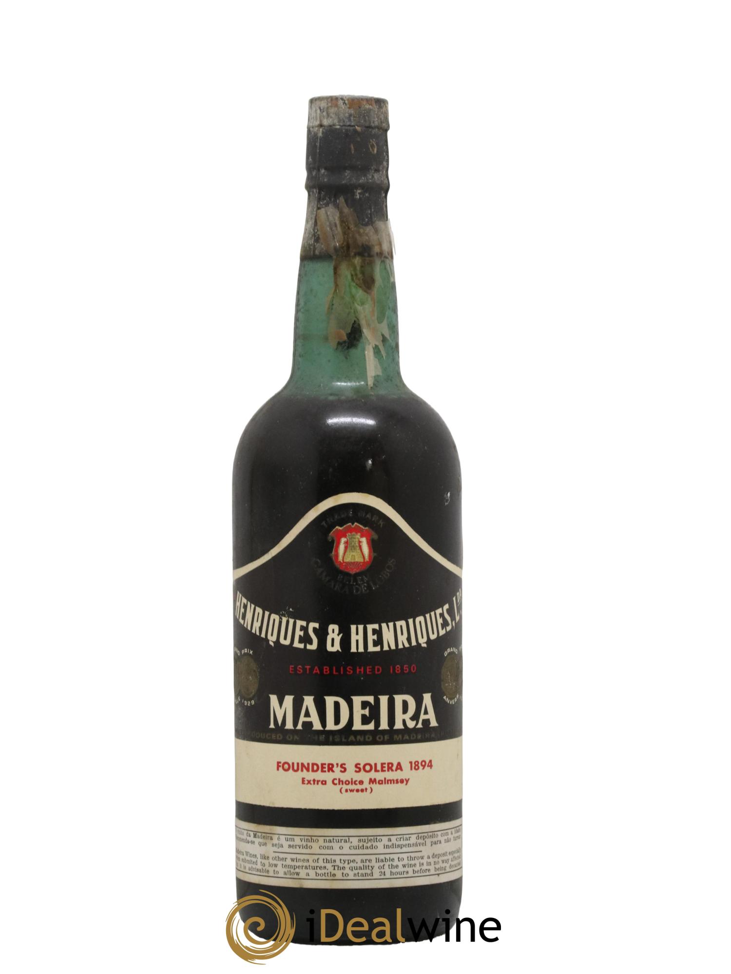 Madère Madere Founder s Solera Extra Choice Malmsey Henriques et Henriques 1894 - Lot de 1 bouteille - 0