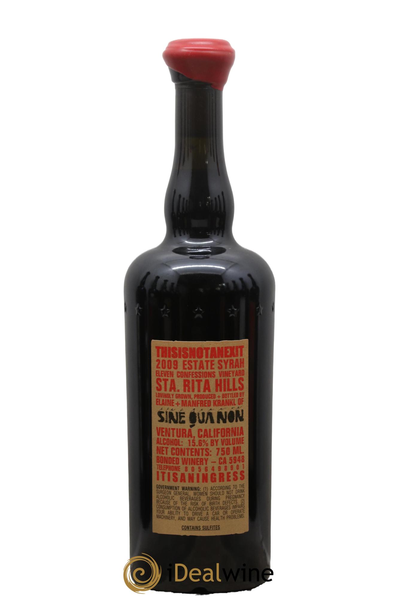 USA Santa Rita Hills Eleven Confessions This is Not An Exit Syrah Sine Qua Non 2009 - Lot de 1 bouteille - 1