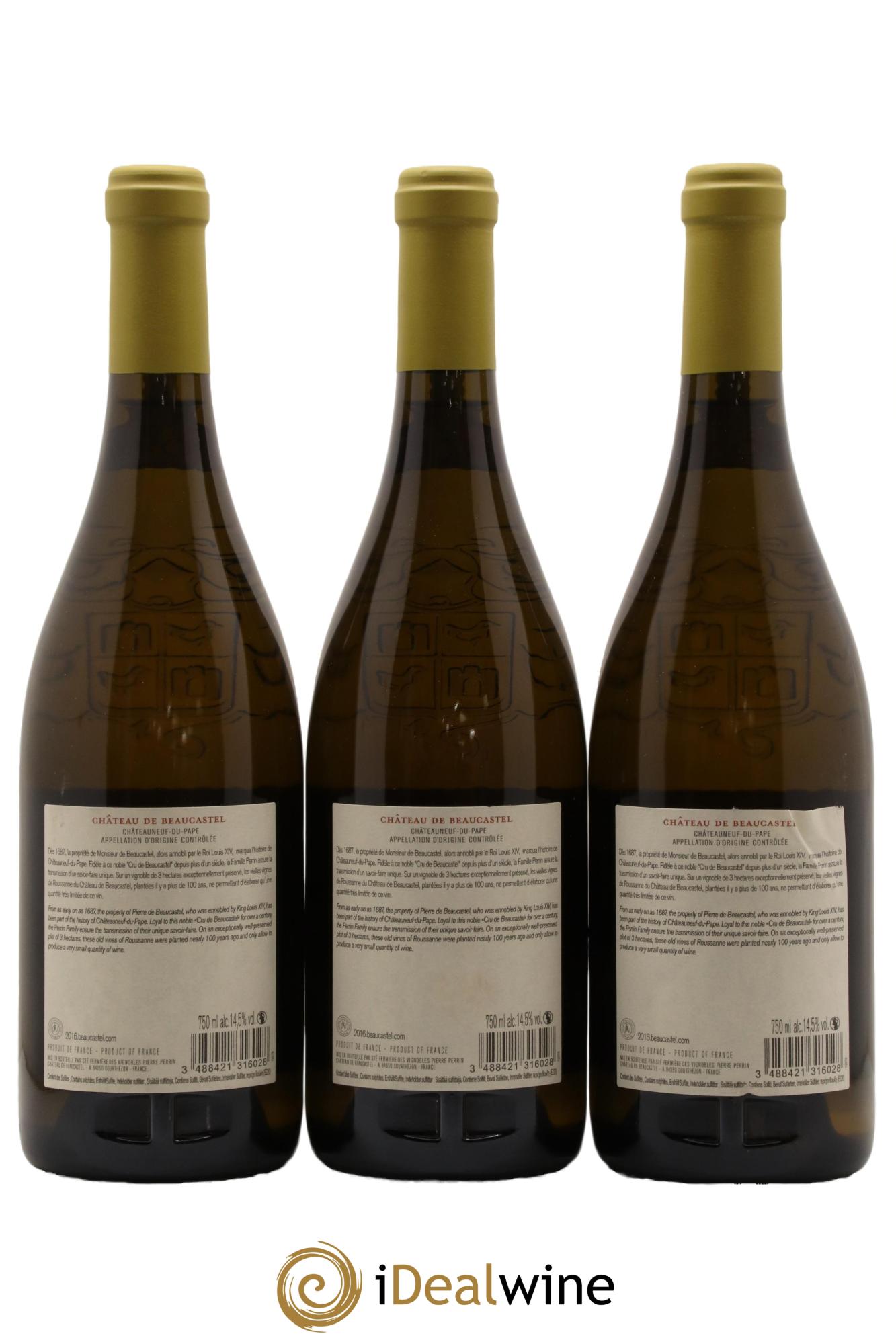 Châteauneuf-du-Pape Château de Beaucastel Vieilles vignes Roussanne Famille Perrin 2016 - Lot de 3 bouteilles - 1