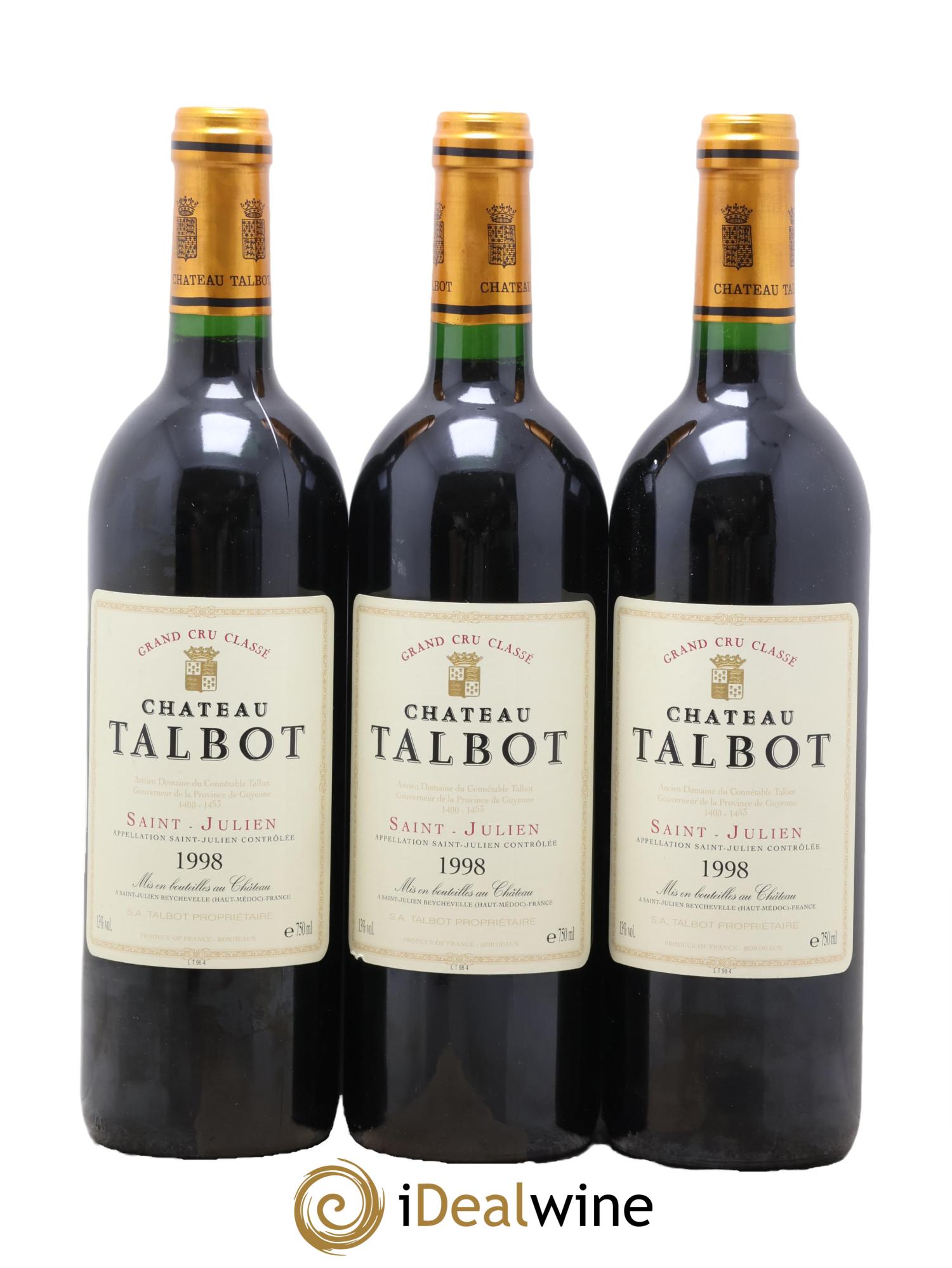 Château Talbot 4ème Grand Cru Classé 1998 - Lotto di 3 bottiglie - 0