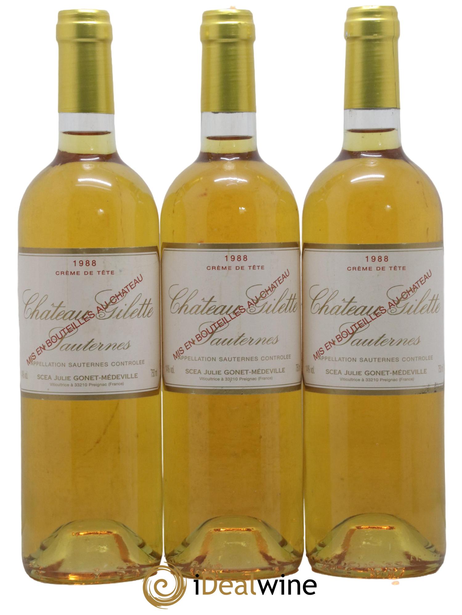 Château Gilette - Crème de Tête 1988 - Lotto di 3 bottiglie - 0