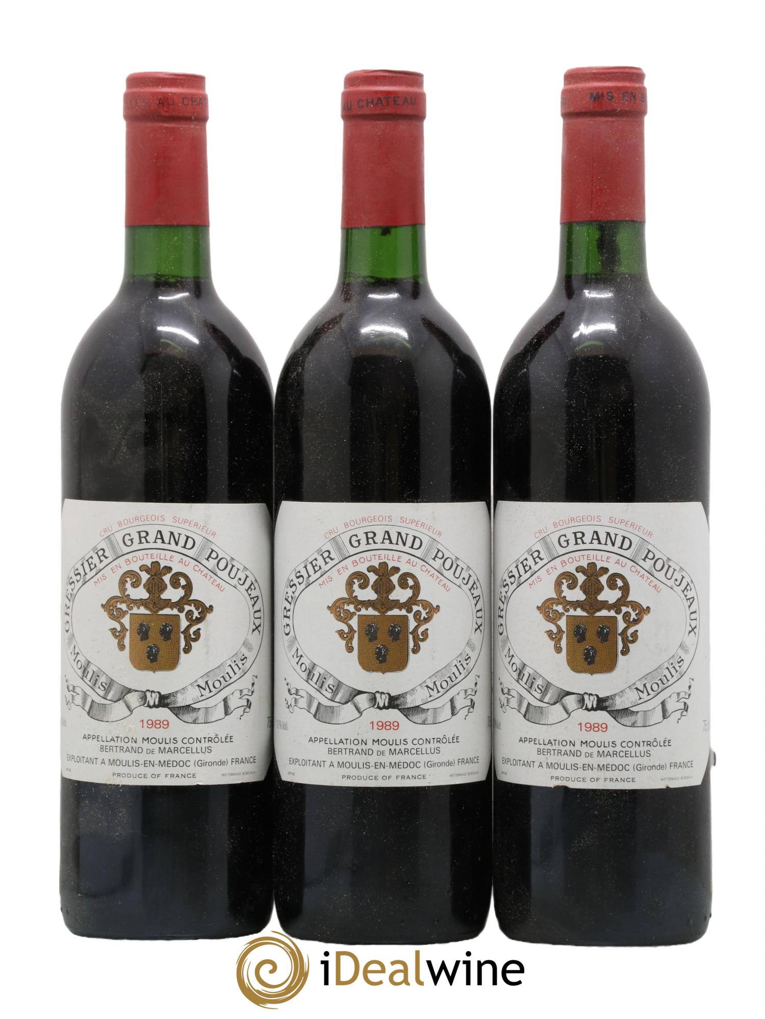Château Gressier Grand Poujeaux Cru Bourgeois 1989 - Lot de 3 bouteilles - 0