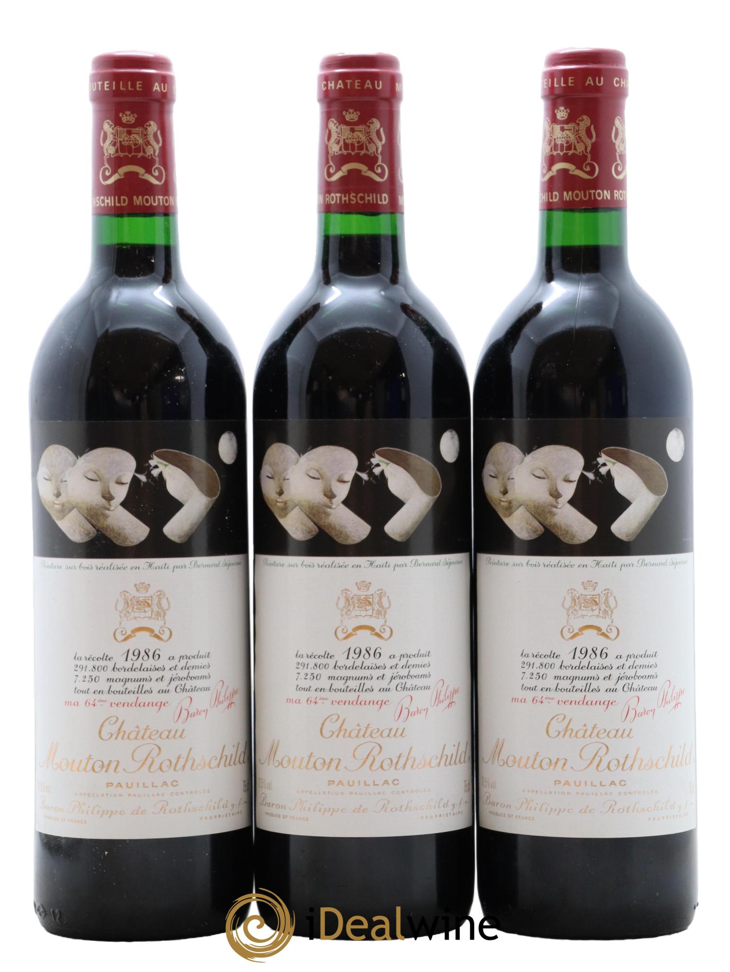 Château Mouton Rothschild 1er Grand Cru Classé 1986 - Lot de 3 bouteilles - 0