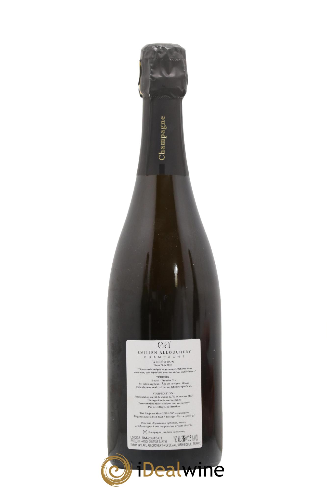 Champagne Premier Cru Pinot Noir La Repetition Maison Emilien Allouchery 2018 - Lot de 1 bouteille - 1