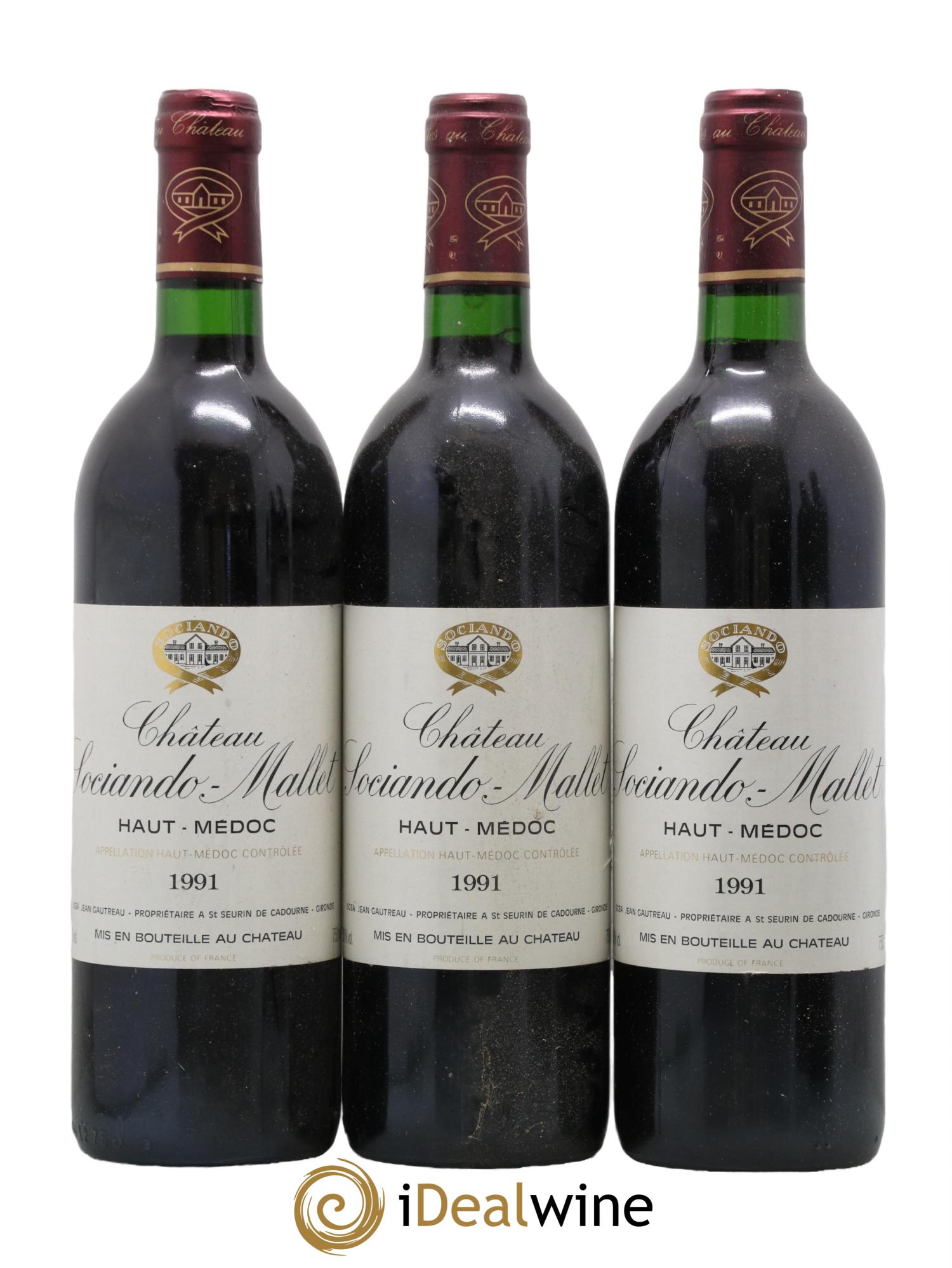 Château Sociando Mallet 1991 - Lotto di 3 bottiglie - 0