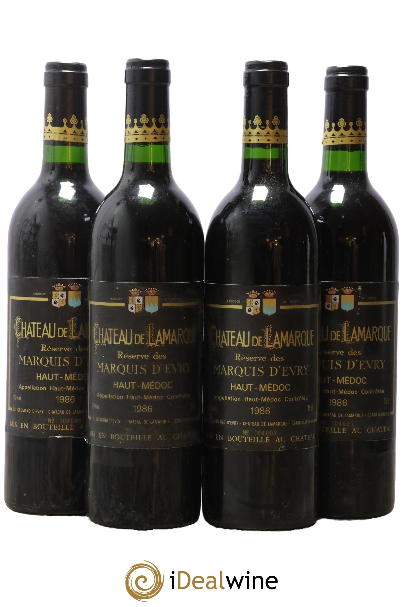 Château de Lamarque Cru Bourgeois Réserve des Marquis d'Evry 1986 - Posten von 4 Flaschen - 0