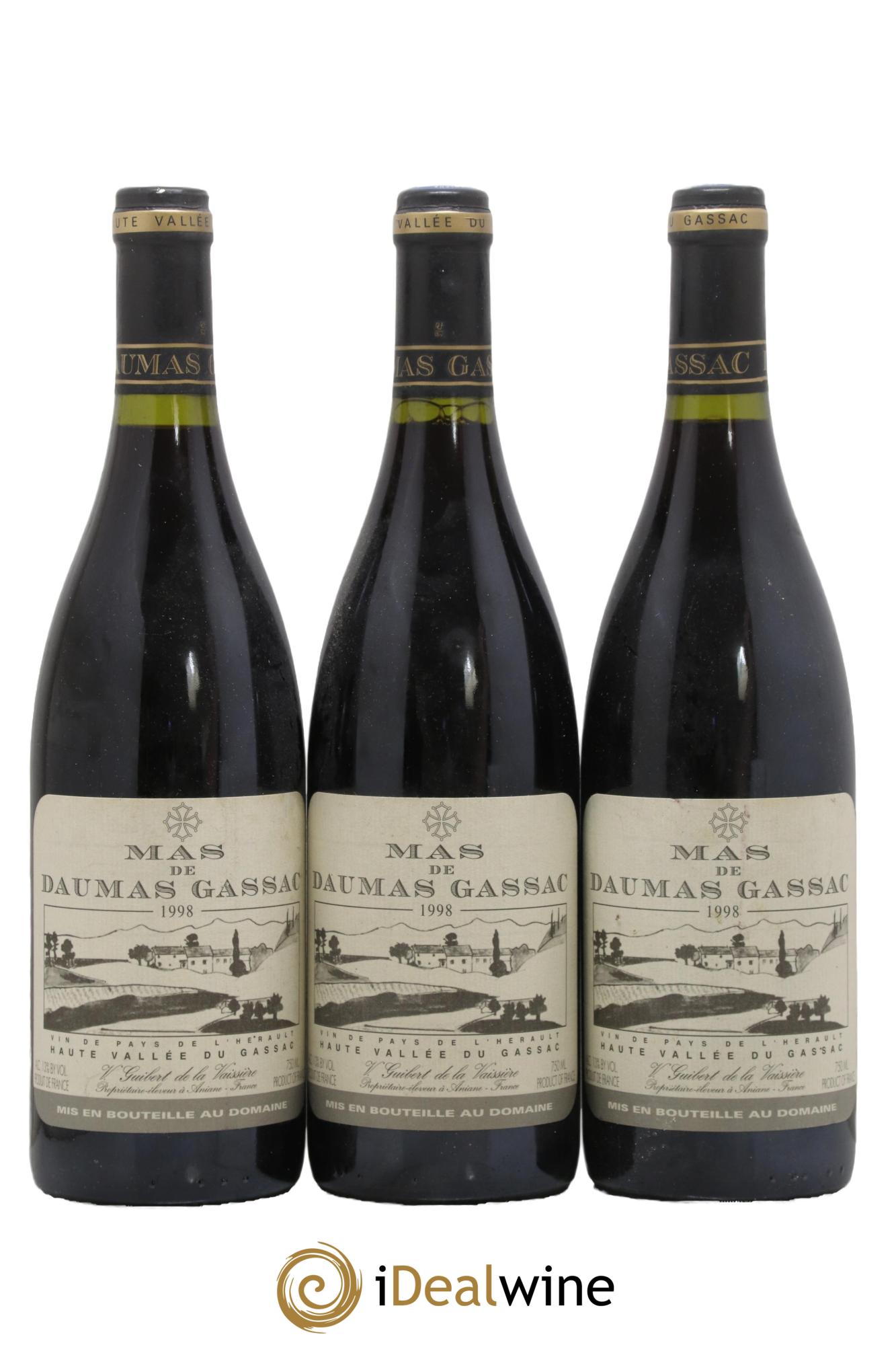 IGP St Guilhem-le-Désert - Cité d'Aniane Mas Daumas Gassac Famille Guibert de La Vaissière 1998 - Lot de 3 bouteilles - 0
