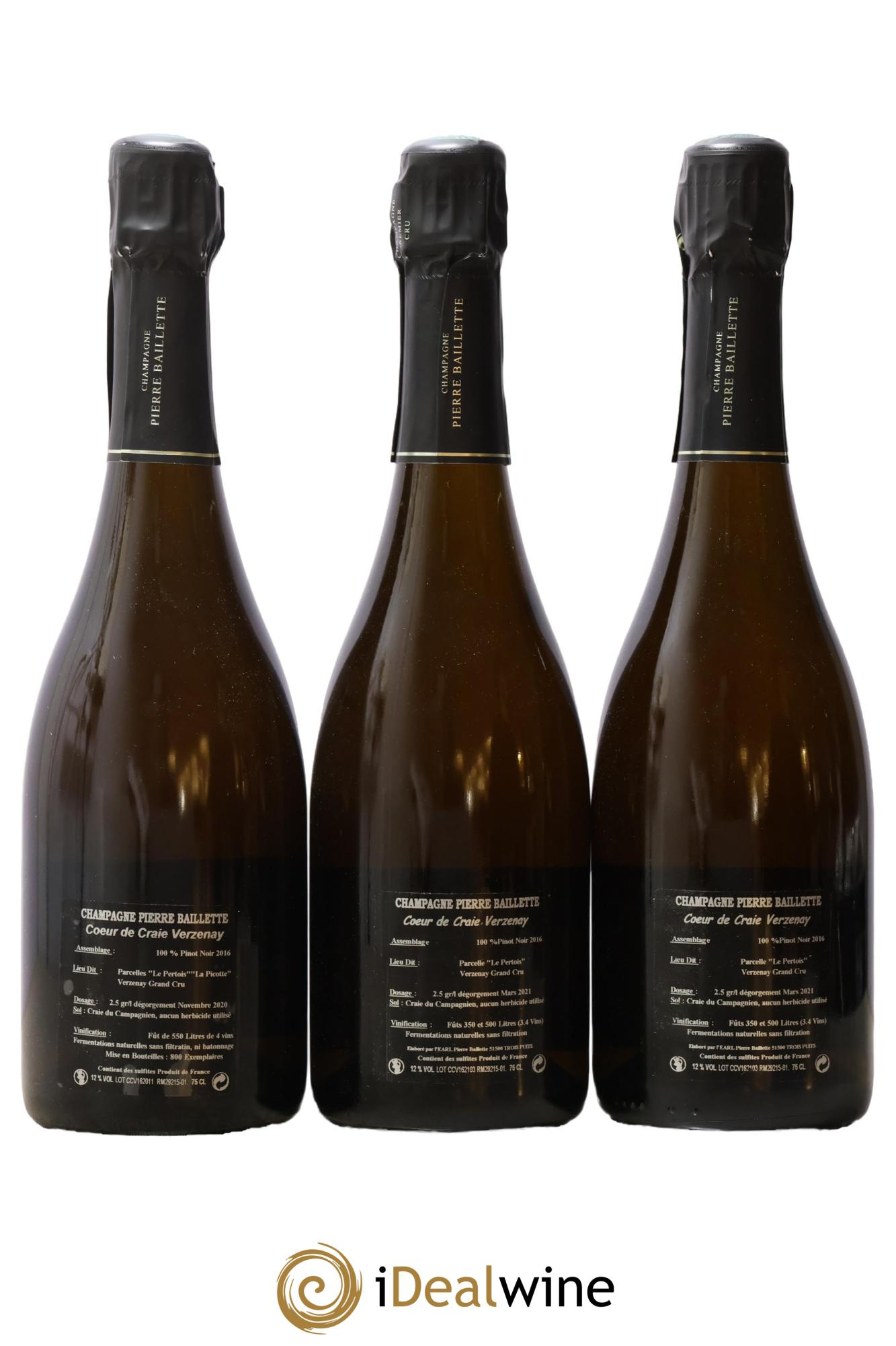 Grand Cru Extra-Brut Blanc de Noirs Coeur de Craie Pierre Baillette 2016 - Lot de 3 bouteilles - 1
