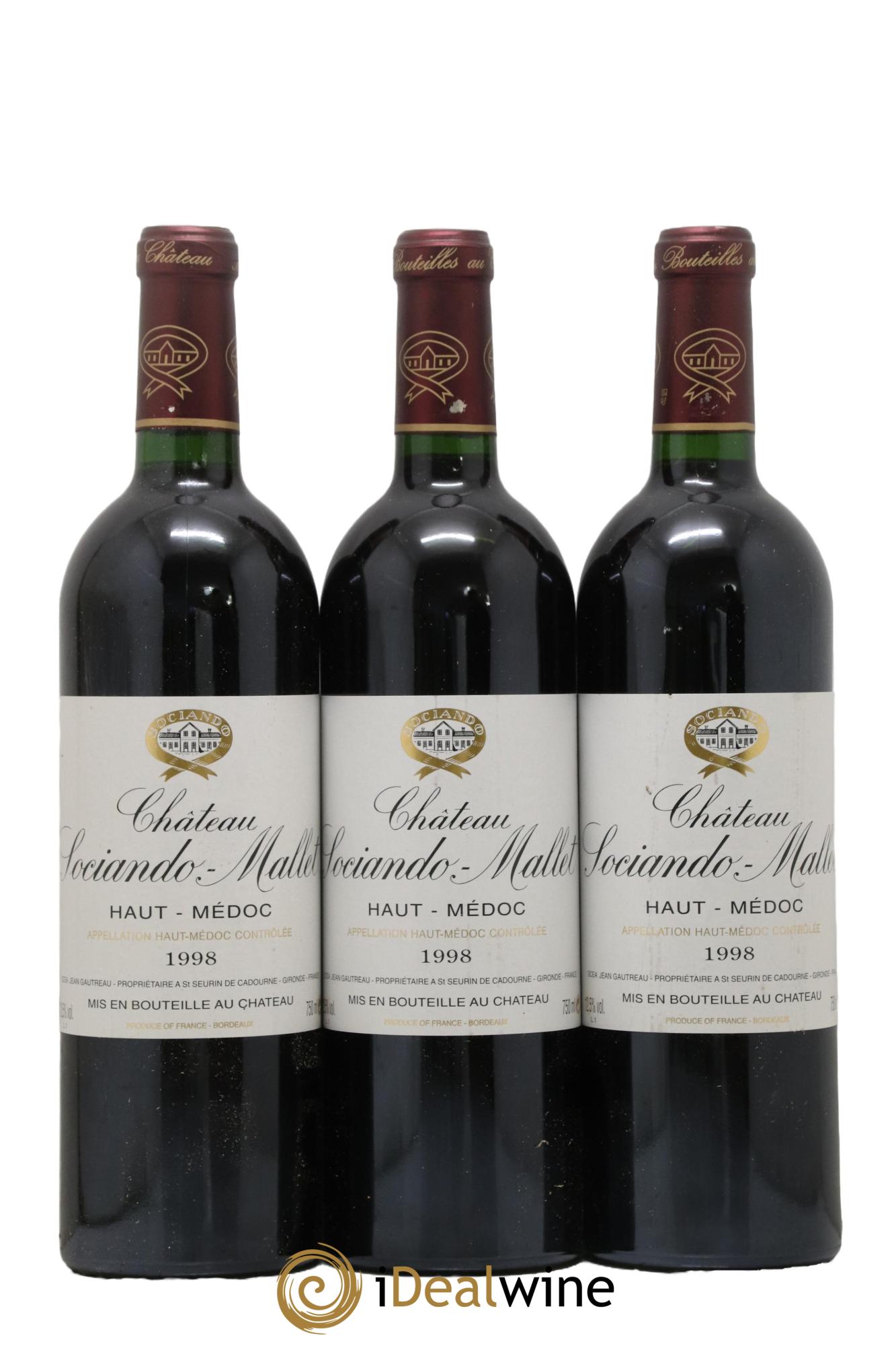 Château Sociando Mallet 1998 - Lot de 3 bouteilles - 0