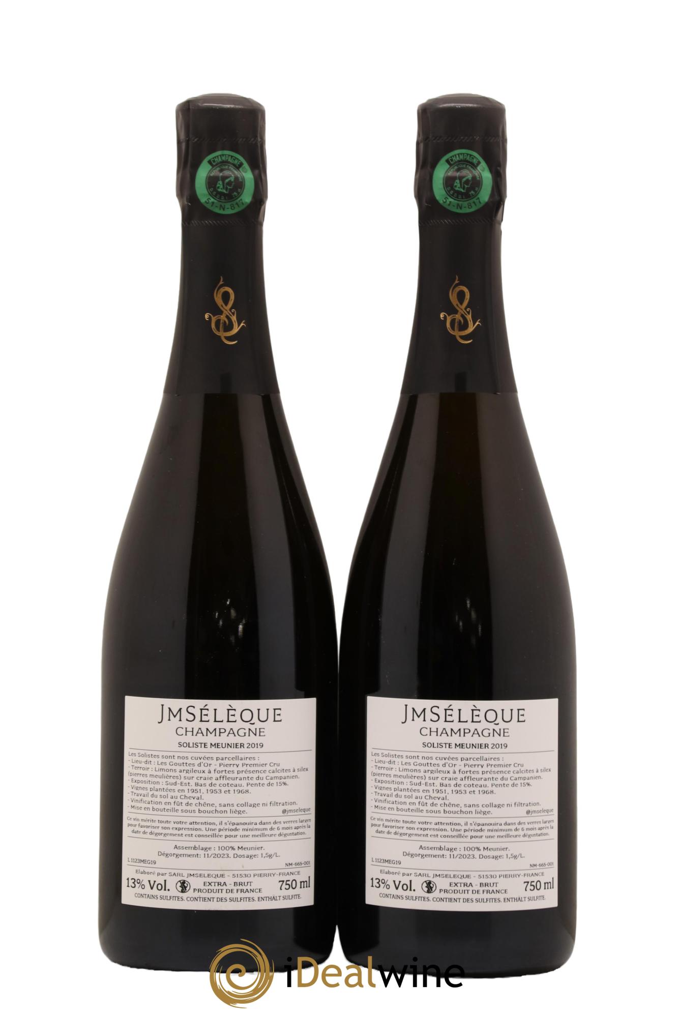 Champagne Extra Brut 1er Cru Soliste Meunier Les Gouttes d Or Jean Marc Seleque 2019 - Lot de 2 bouteilles - 1
