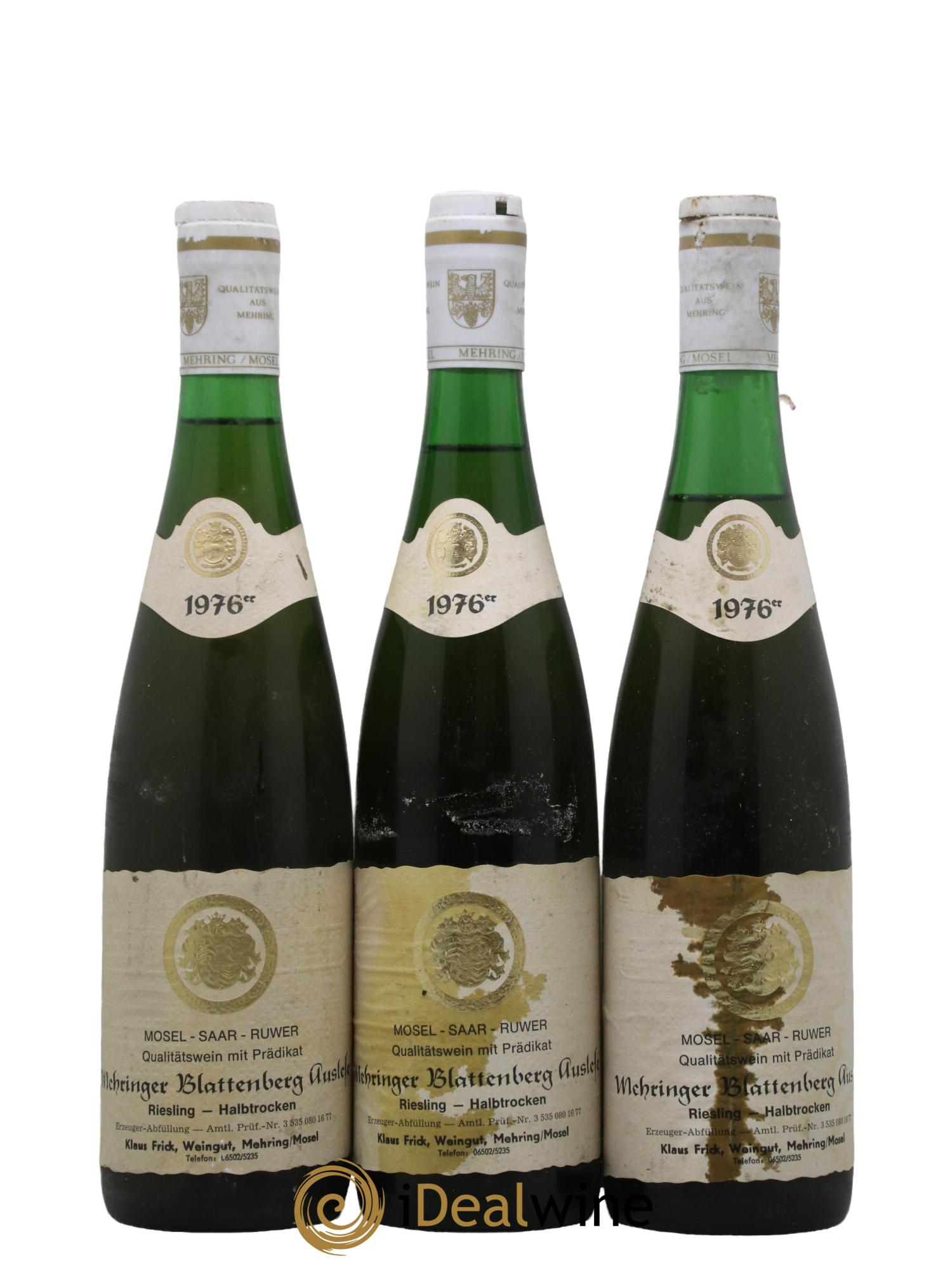Allemagne Mosel-Saar Riesling Halbtrocken Mehringer Blattenberg Auslese Klaus Frick Weingut 1976 - Lot de 3 bouteilles - 0