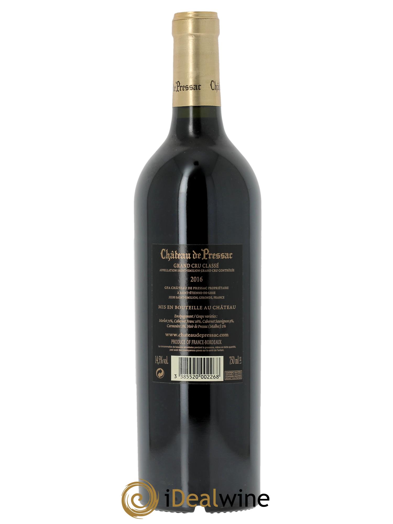 Château de Pressac Grand Cru Classé 2016 - Lot de 1 bouteille - 1