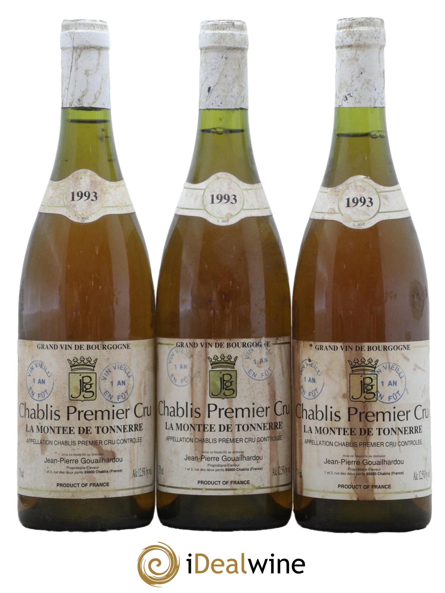 Chablis 1er Cru Montee de Tonnerre Domaine Jean Pierre Gouailhardou 1993 - Lot de 3 bouteilles - 0