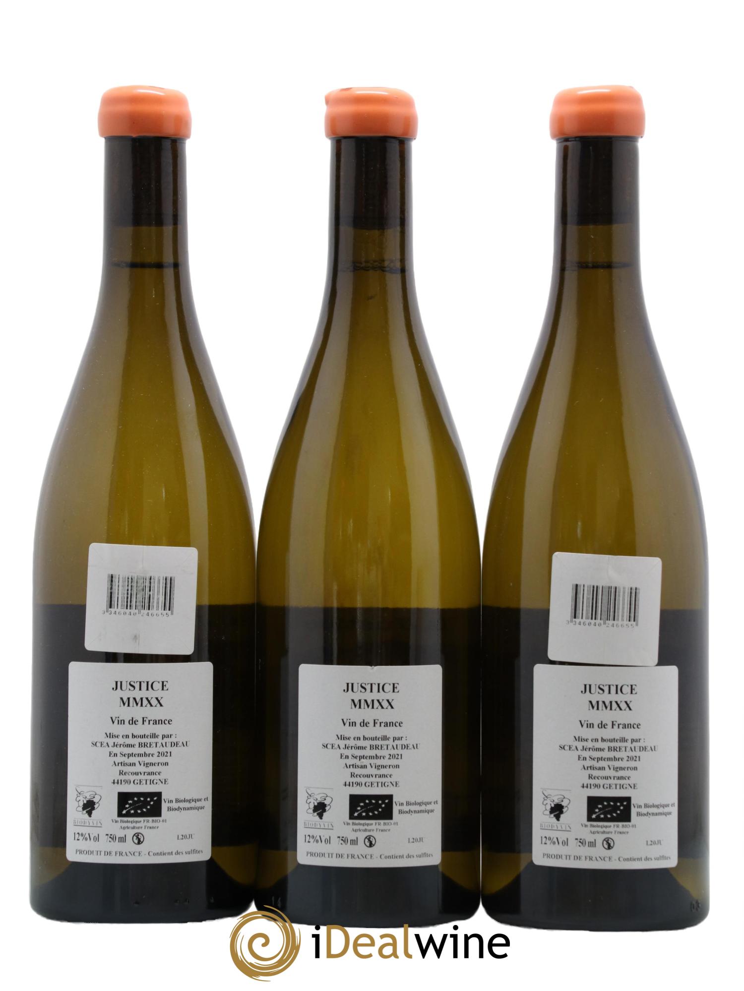 Muscadet-Sèvre-et-Maine Justice Jérôme Bretaudeau - Bellevue (Domaine de) 2020 - Lot de 3 bouteilles - 1