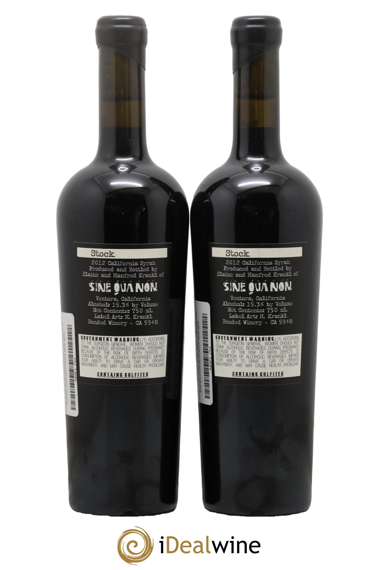 USA Californie Stock Syrah Sine Qua Non 2012 - Lot de 2 bouteilles - 1