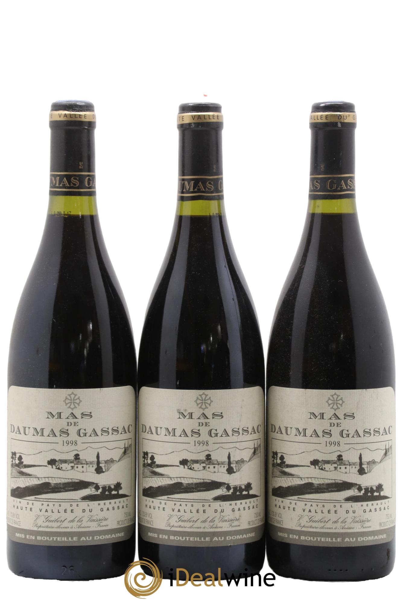 IGP St Guilhem-le-Désert - Cité d'Aniane Mas Daumas Gassac Famille Guibert de La Vaissière 1998 - Lot of 3 bottles - 0