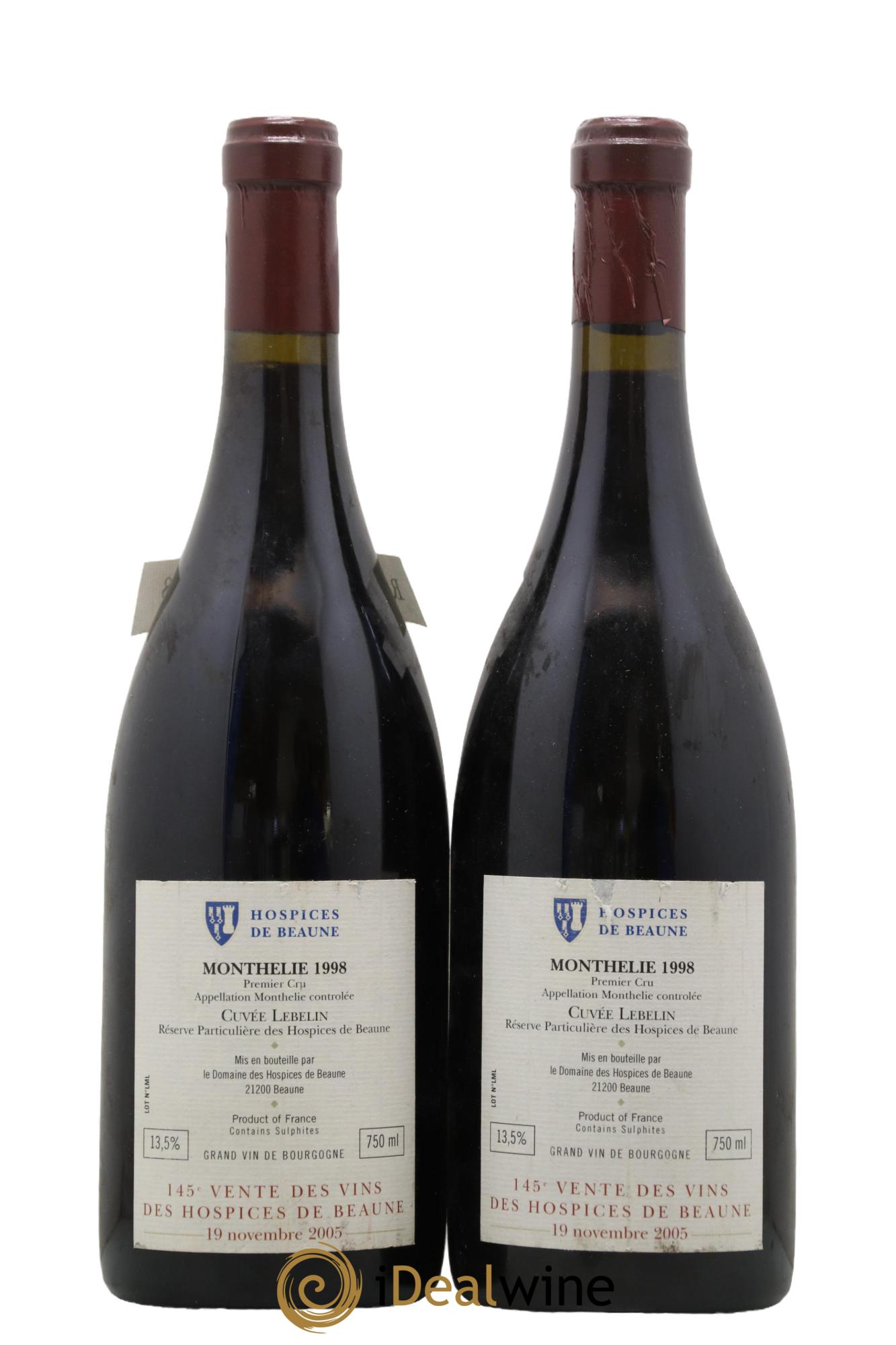 Monthélie 1er Cru Hospice de Beaune Cuvée Lebelin Réserve particulière des Hospices de Beaune 1998 - Lot de 2 bouteilles - 1
