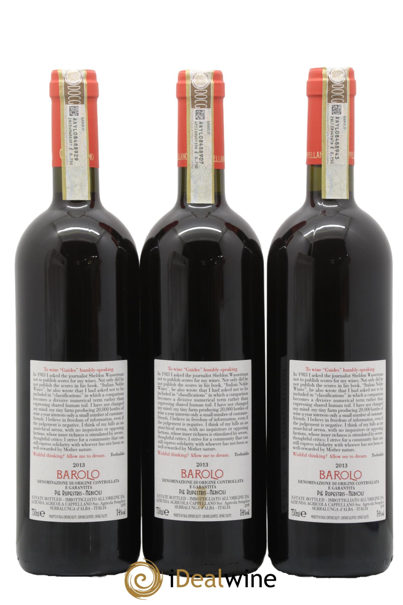 Barolo DOCG Pie Rupestris Cappellano 2013 - Lot of 3 bottles - 1