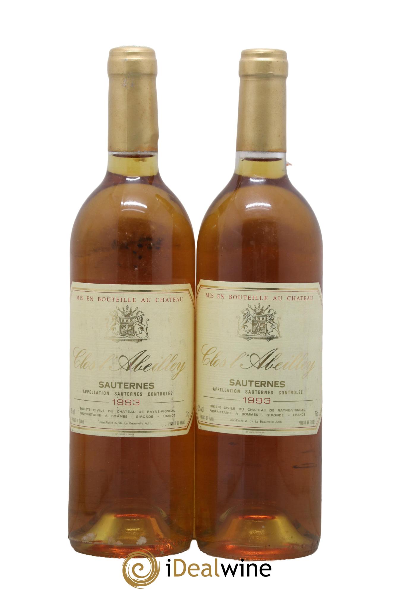 Sauternes Clos L'Abeilley 1993 - Lot of 2 bottles - 0