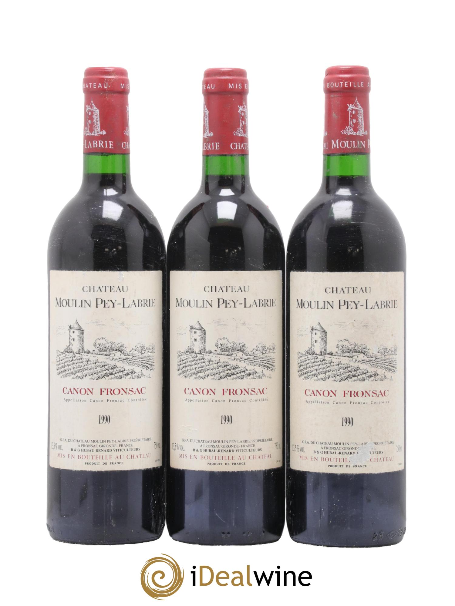 Canon-Fronsac Chateau Moulin Pey Labrie 1990 - Lot de 3 bouteilles - 0