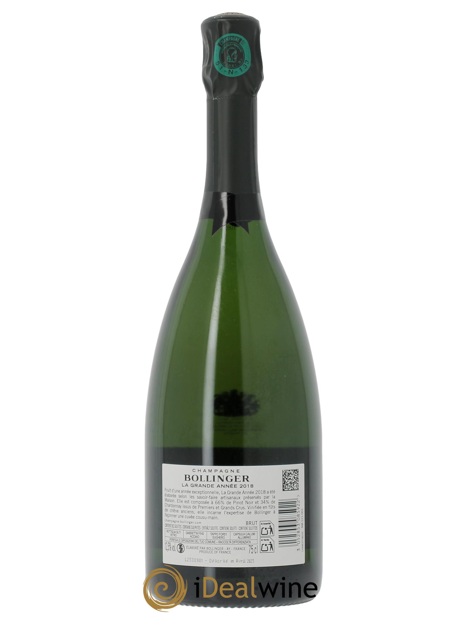 Grande Année Brut Bollinger (Cassetta in legno a partire da Oui bt) 2018 - Lotto di 1 bottiglia - 2