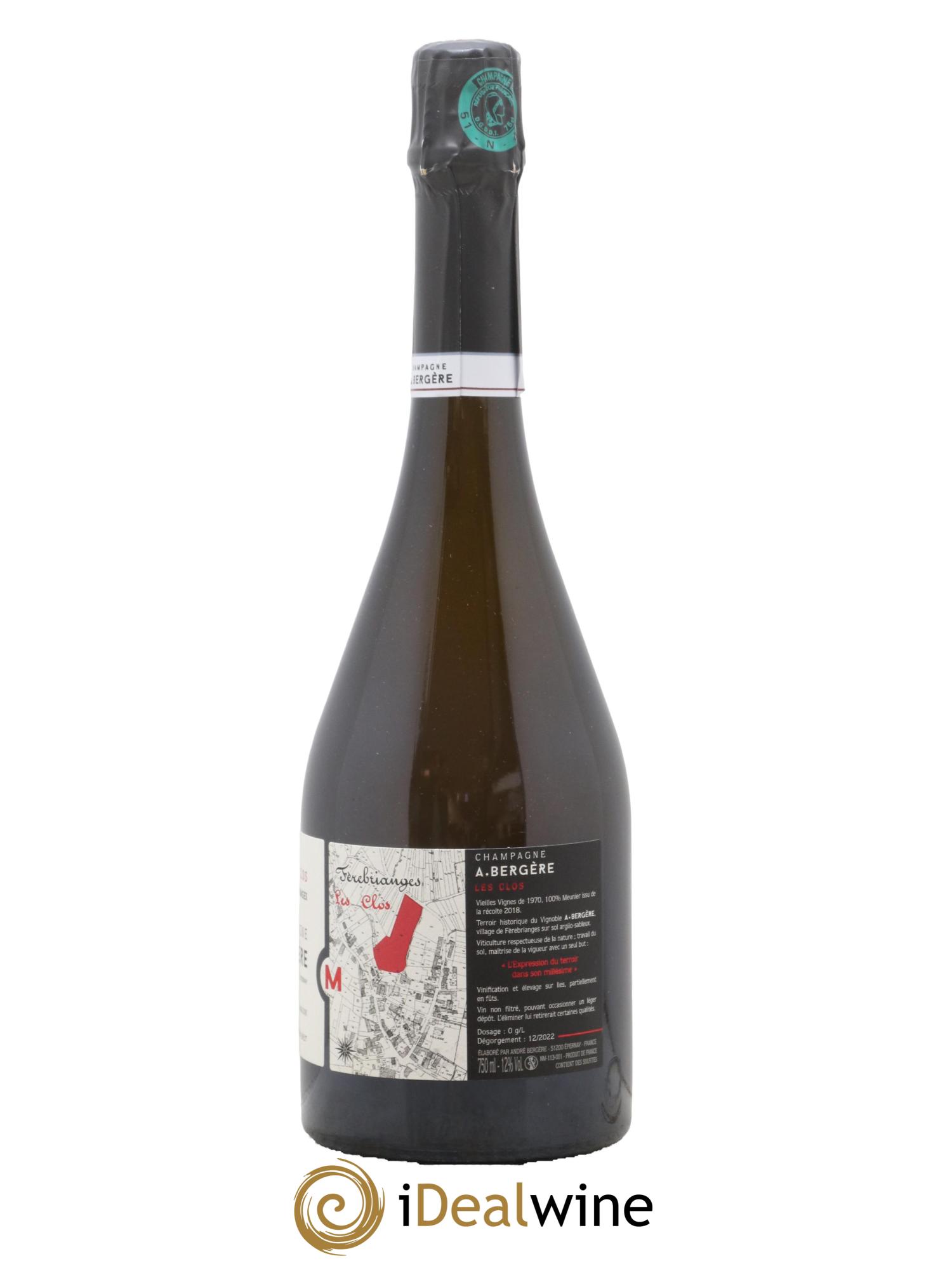 Champagne Les Clos Meunier A. Bergère 2018 - Lot de 1 bouteille - 1