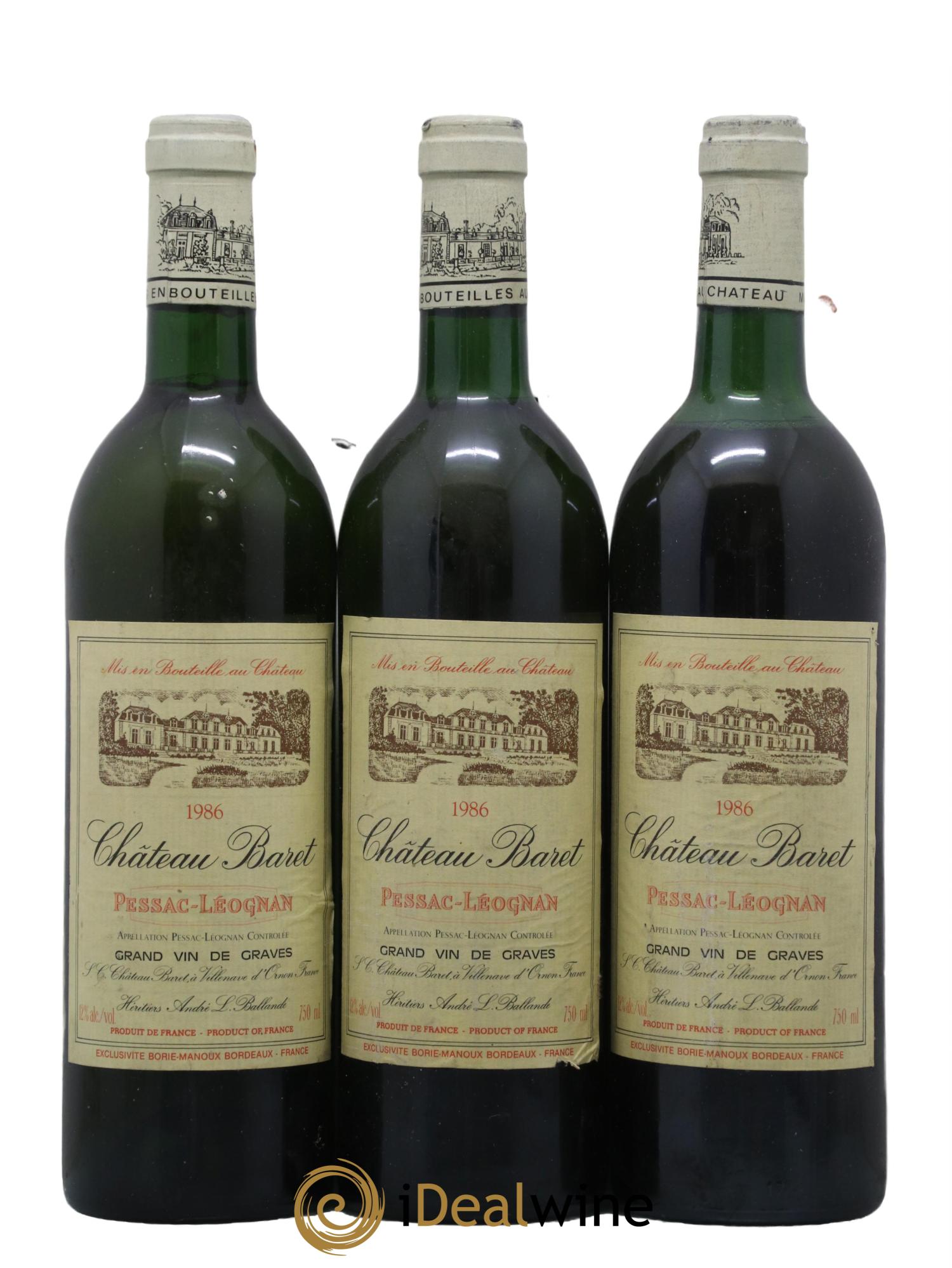 Pessac-Léognan Chateau Baret 1986 - Lot de 3 bouteilles - 0