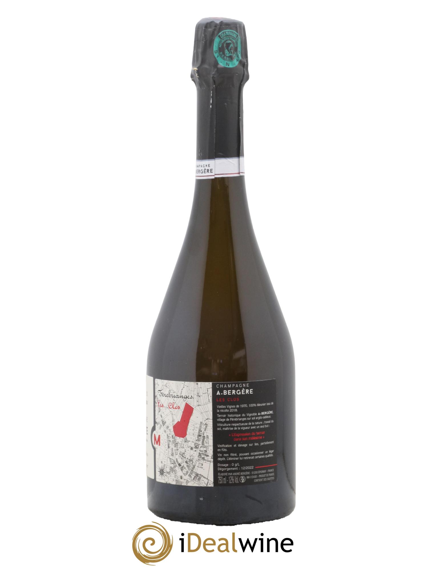 Champagne Les Clos Meunier A. Bergère 2018 - Lot de 1 bouteille - 1