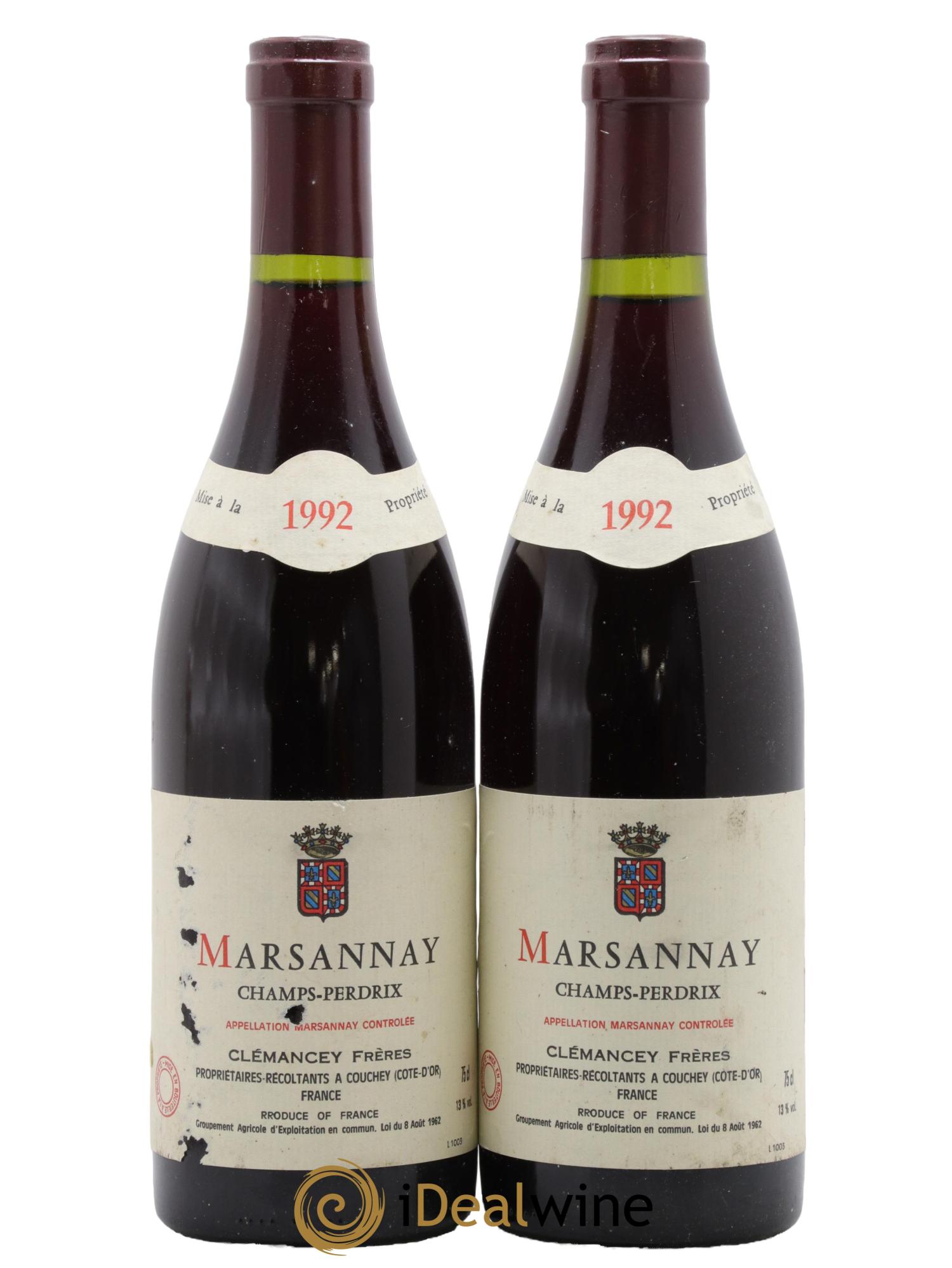 Marsannay Champs Perdrix Domaine Clemancey 1992 - Lot de 2 bouteilles - 0
