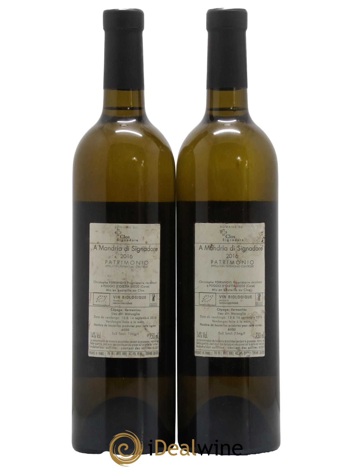 Patrimonio Clos Signadore  A Mandria Christophe Ferrandis  2016 - Lot de 2 bouteilles - 1