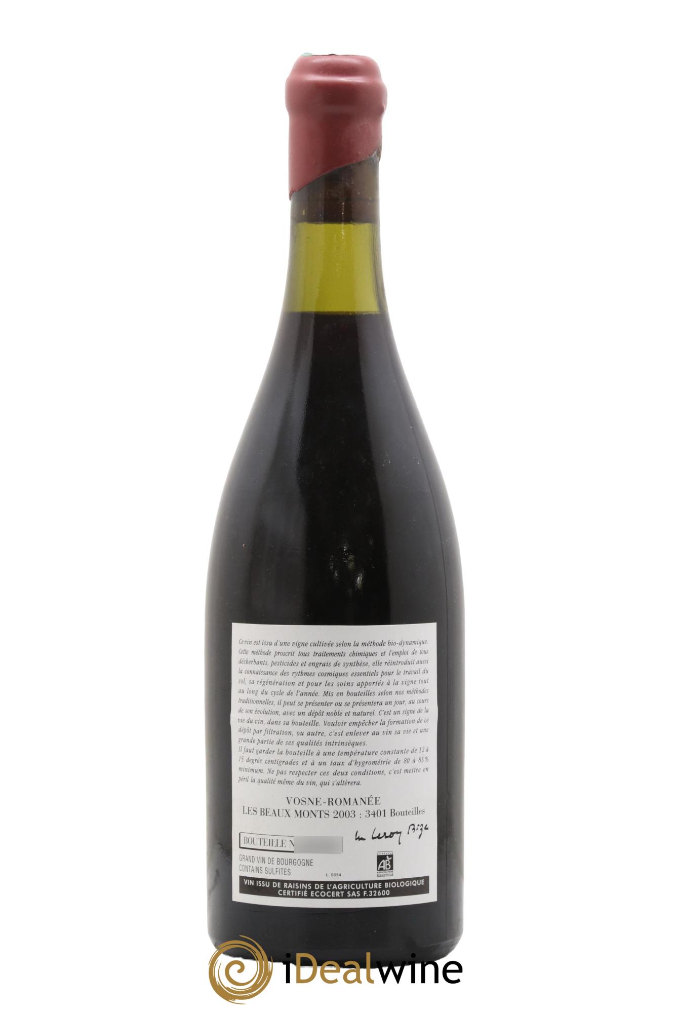 Vosne-Romanée 1er Cru Les Beaux-Monts Leroy (Domaine) 2003 - Lotto di 1 bottiglia - 1