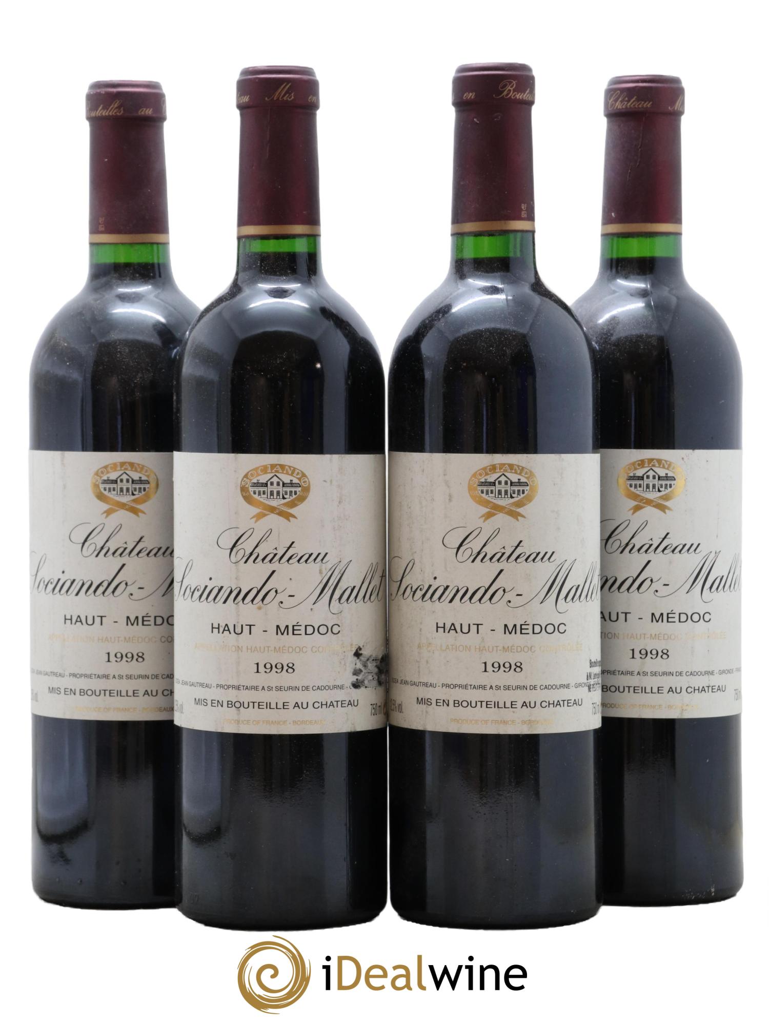 Château Sociando Mallet 1998 - Lotto di 4 bottiglie - 0