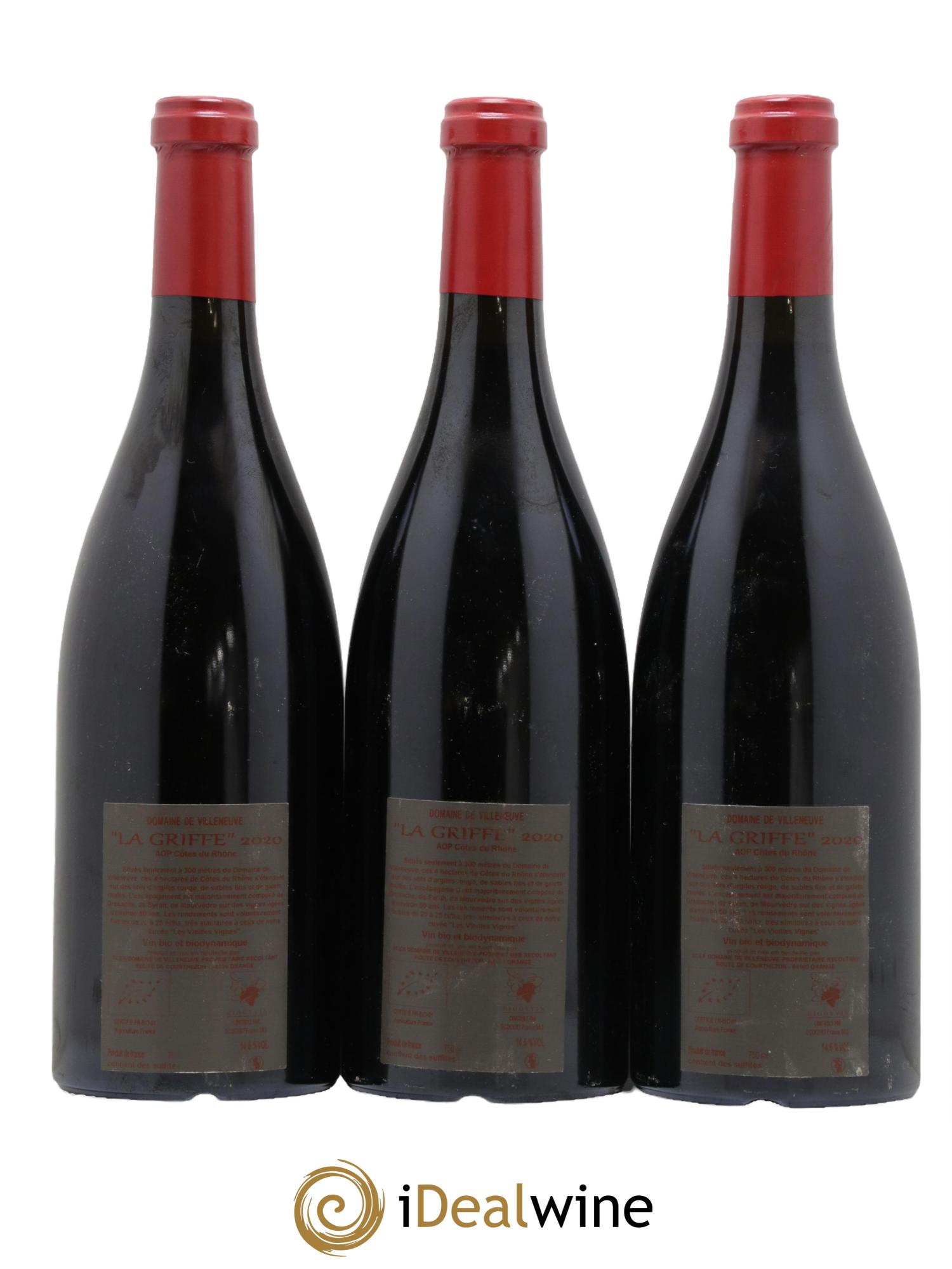 Côtes-du-Rhône La Griffe Domaine de Villeneuve 2020 - Lot de 3 bouteilles - 1