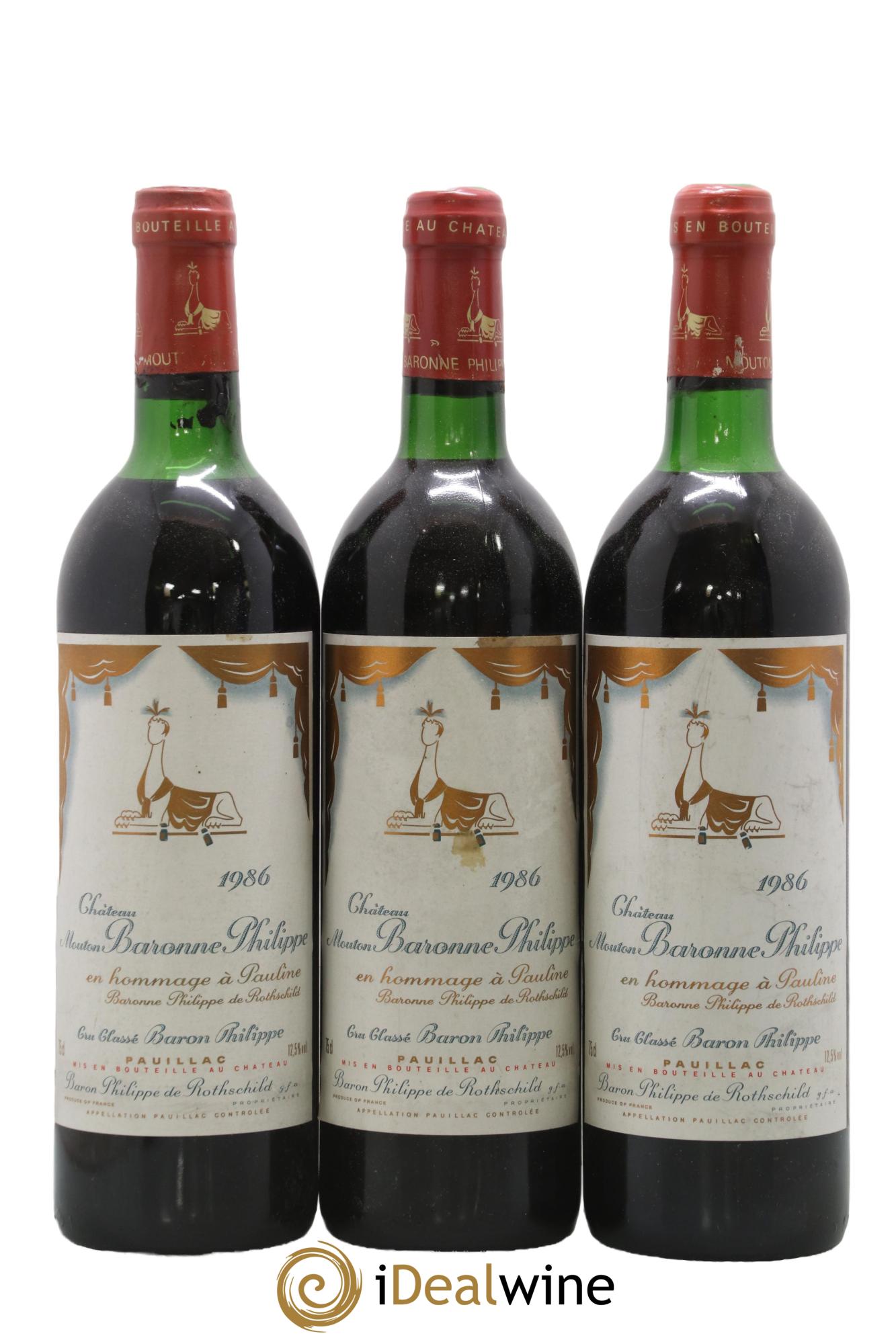 Château d' Armailhac - Mouton Baron(ne) Philippe 5ème Grand Cru Classé 1986 - Lot de 3 bouteilles - 0