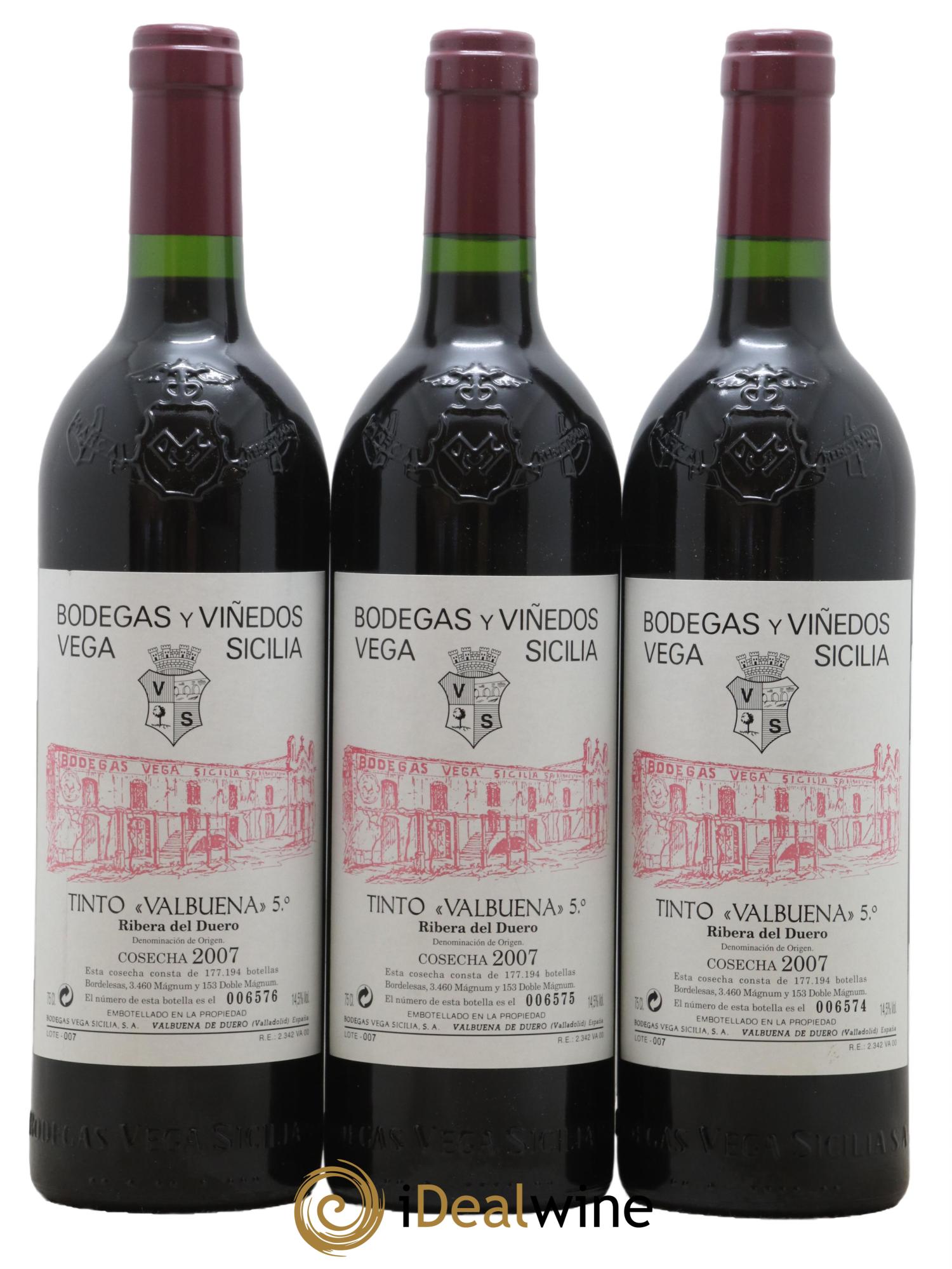 Ribera Del Duero DO Vega Sicilia Valbuena 5 ano Famille Alvarez 2007 - Lot de 3 bouteilles - 0