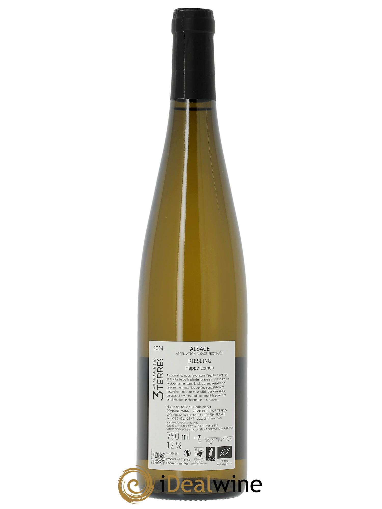 Alsace Riesling Happy Lemon Vignoble des 3 Terres - Domaine Mann  2024 - Lot de 1 bouteille - 1