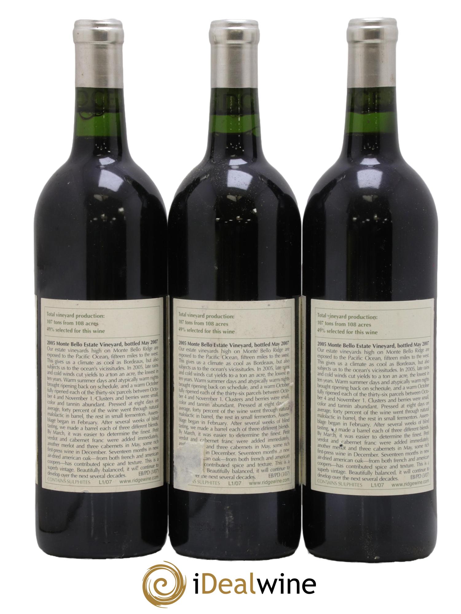 Santa Cruz Mountains Monte Bello Ridge Vineyards 2005 - Lot of 3 bottles - 1