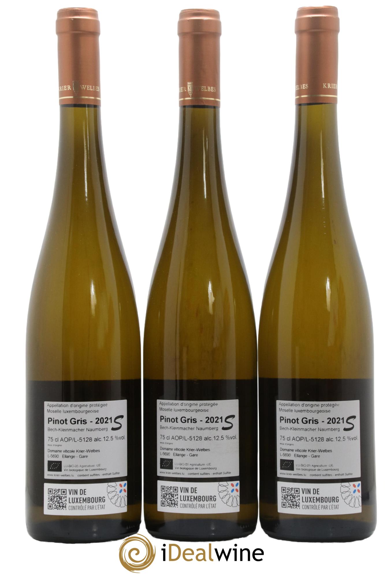 Vins Etrangers Moselle Luxembourgeoise Bech Kleinmacher Naumberg Pinot Gris Krier Welbes 2021 - Lot de 3 bouteilles - 1
