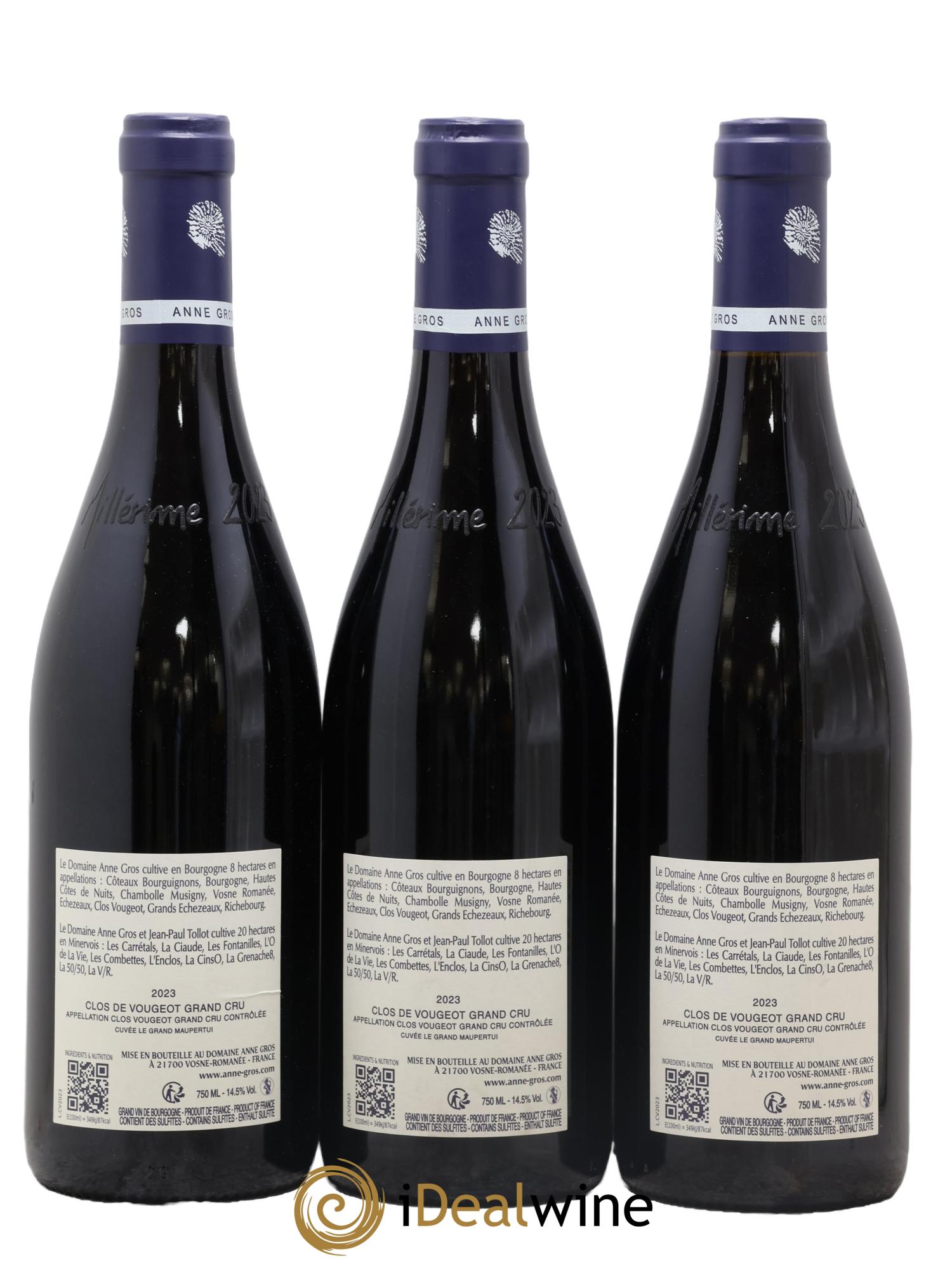 Clos de Vougeot Grand Cru Anne Gros 2023 - Lot of 3 bottles - 1